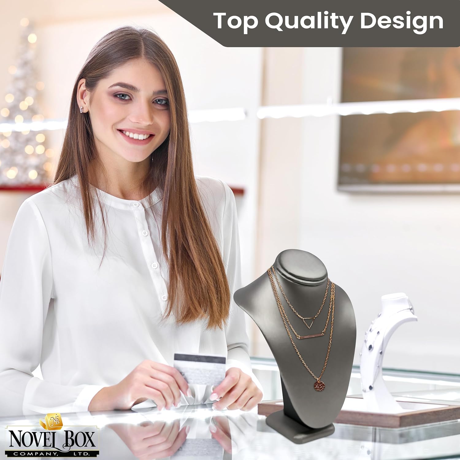 Novel Box Silver Leatherette Stand Jewelry Necklace Display 7.5x4x11 Inches - Freestanding Travel Necklace Holder Stand - Necklace Mannequin Organizer Stands - Necklace Displays Large