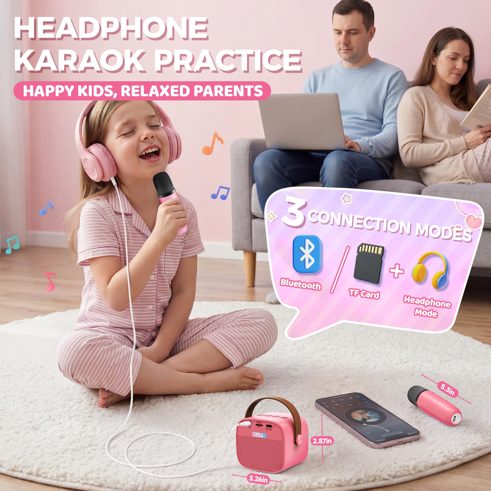 YLL Mini macchina per karaoke per bambini e adulti, altoparlante Bluetooth portatile con 2 microfoni wireless, 18 canzoni precaricate, giocattoli regalo di compleanno per ragazze di 4, 5, 6, 7, 8+