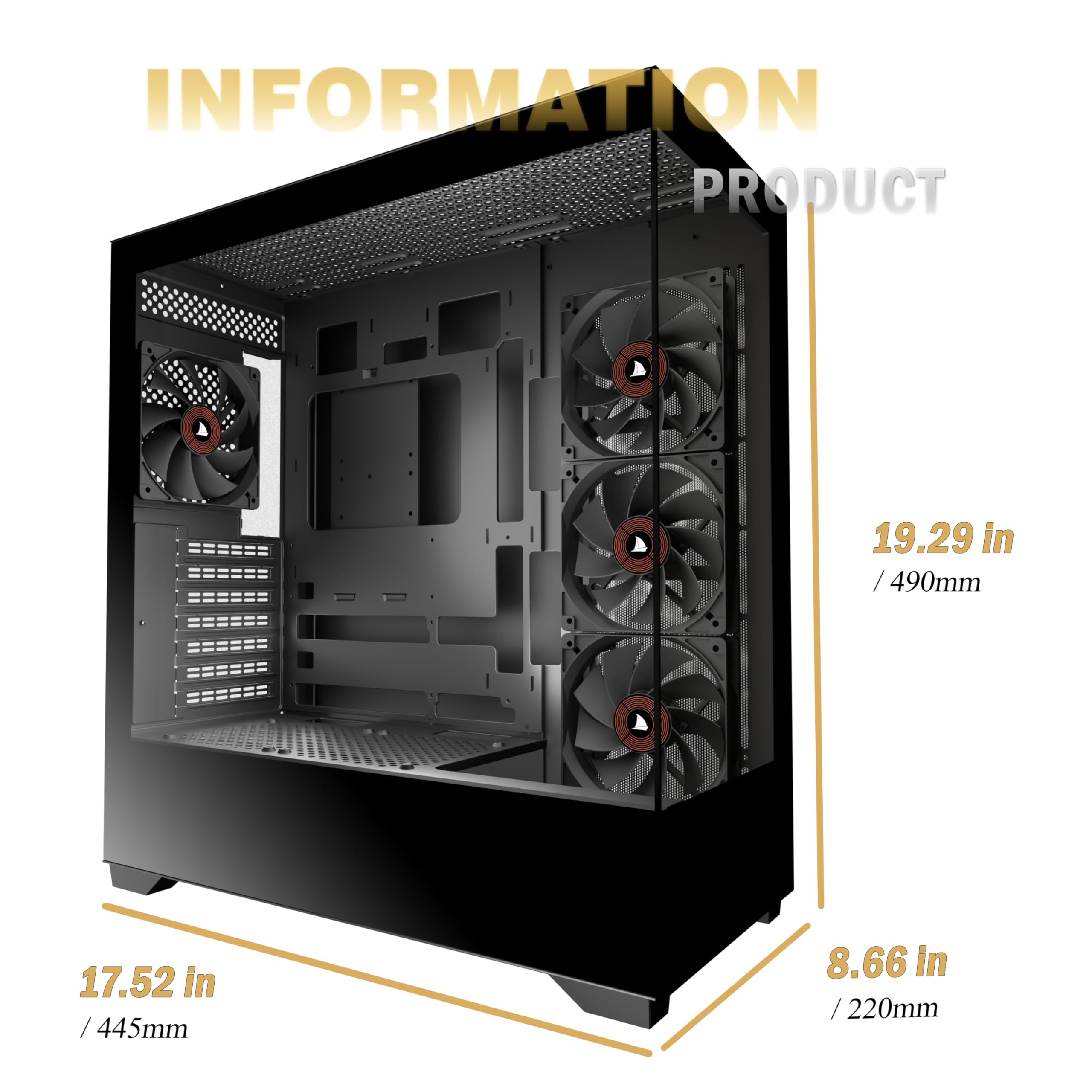 PC CASE ATX 4 Ventole preinstallate, Type-C Mid Tower case per computer con doppia vista in vetro temperato full-view, custodia per PC da gioco, nero, P4