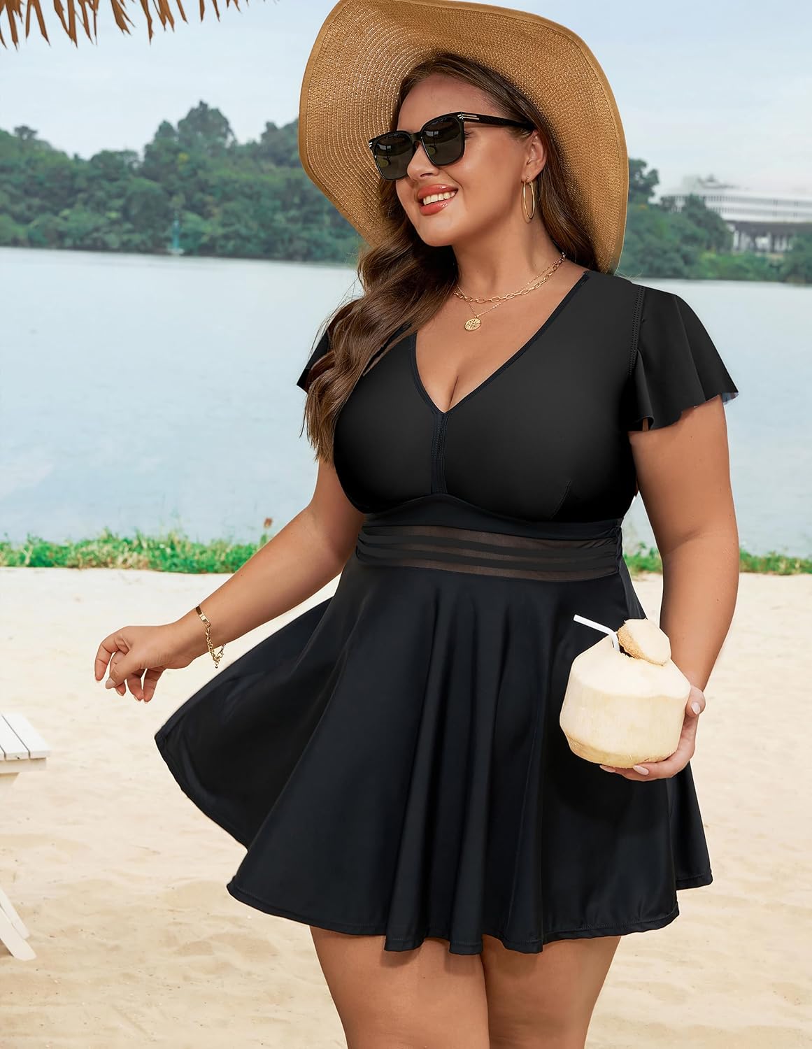 Arolina Women's Plus Size Tankini Swimsuits Swim Dress Mesh Bathing Suits Two Piece Ruffle V Neck Swimwear with Swim Shorts