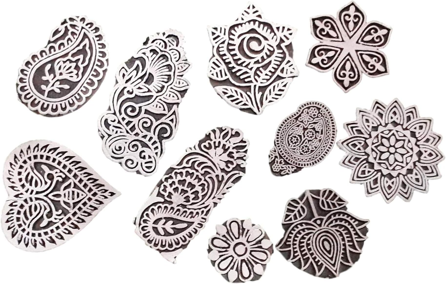 JGARTS Printing Stamps Mughal Design Wooden Blocks (Set of 10) Hand-Carved for Saree Border Making Pottery Crafts Textile Printing Handmade INDIA