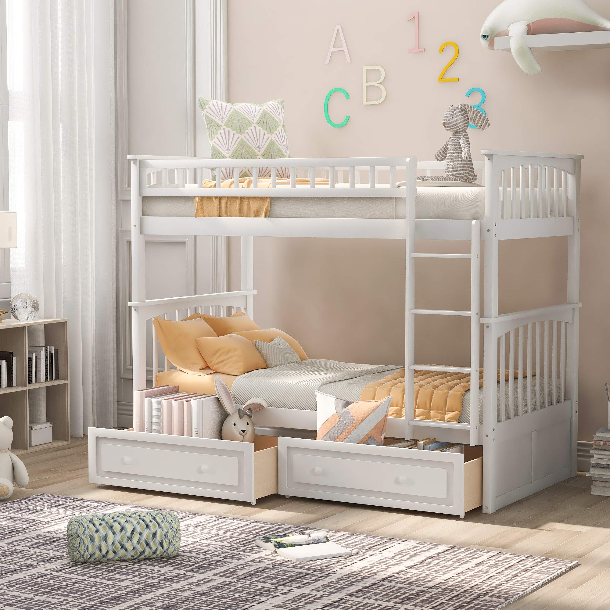 Merax Twin Over Twin Bunk Bed with 2 Storage Drawers and Ladder, Can be Devided into 2 Beds, No Spring Box Needed, White