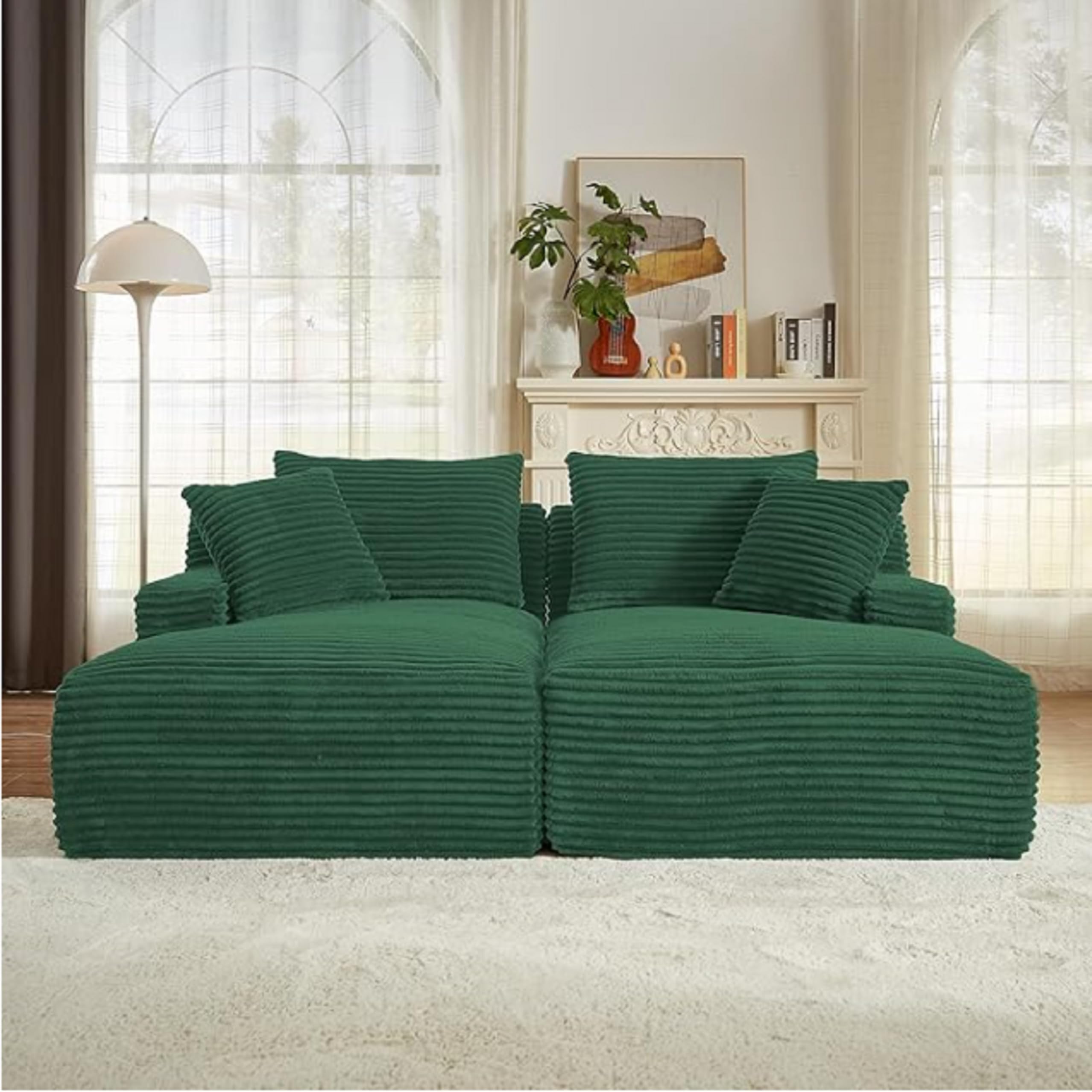 Modern Oversized Fluffy Double Chaise Lounge Sofa Bed with Pillows – Corduroy Loveseat for Living Room (Green)