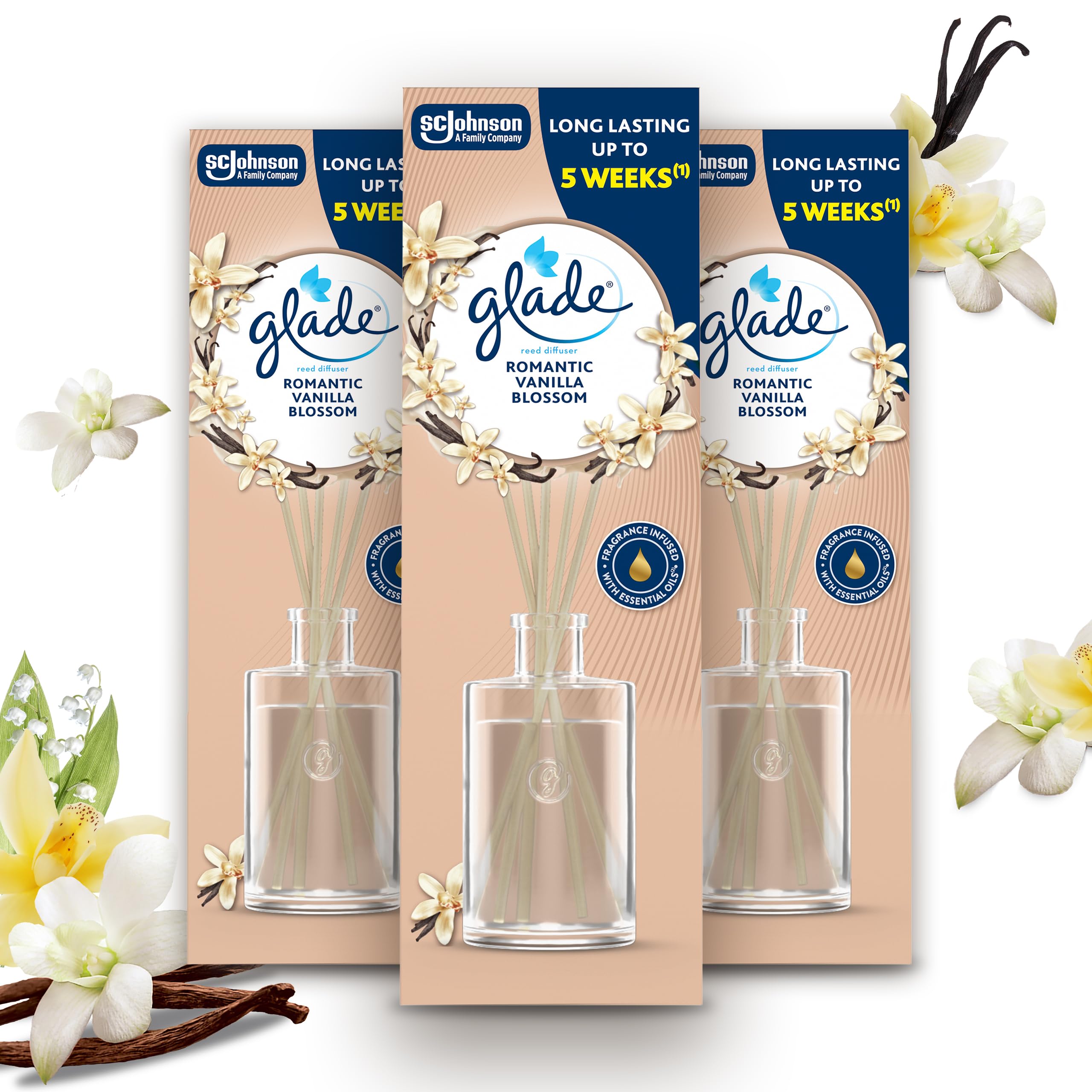 Glade Raumduft Stäbchen Vanilla Blossom, 3 x 50ml | Langanhaltender Duft für bis zu 5 Wochen, ideal für Räume aller Größen, mit ätherischen Ölen