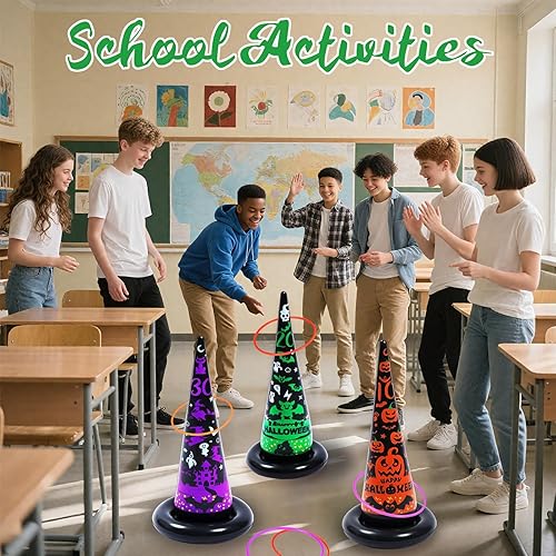 Miniatura 6 de Juego de 10 piezas de sombrero de bruja inflable de Halloween, juegos de lanzamiento de anillos con 6 anillos y bomba de bomba, decoración de juegos