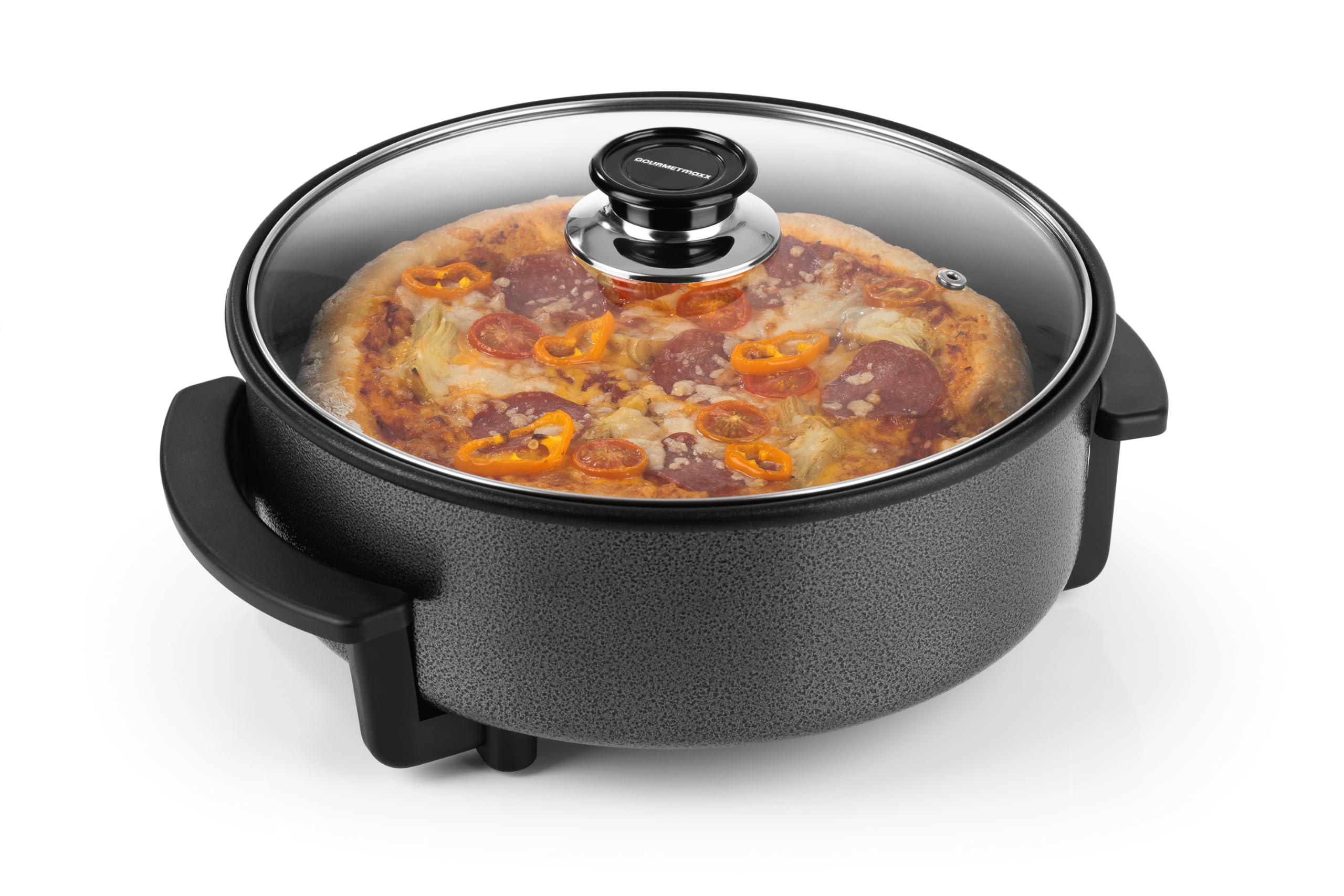 GOURMETmaxx elektrische Pizza-Pfanne mit Thermostat, Glasdeckel & Antihaftbeschichtung | Multifunktionspfanne mit ⌀ 30 cm Durchmesser & 1500 Watt | Pizza Pan - ideal für Partys