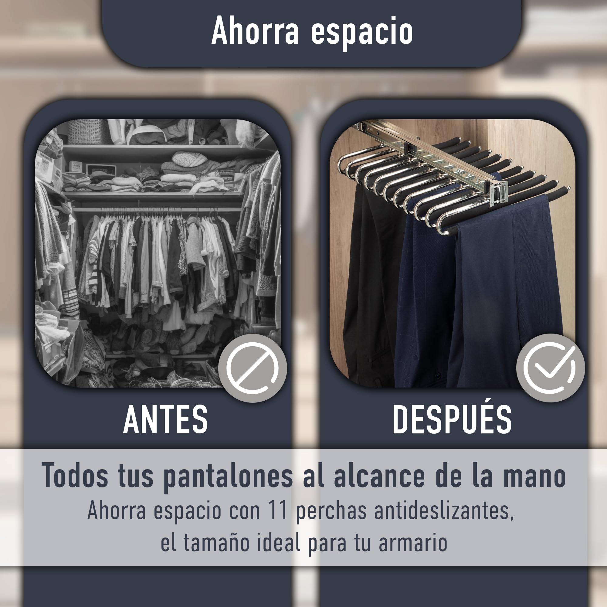 AZERODESIGN- Pantalonero Extraible para Armario - Organizador Pantalones- Pantalonero Doble Antideslizante- 11 Perchas Pantalones- Profundidad 47 cm, Ancho 35 cm, Altura 10 cm