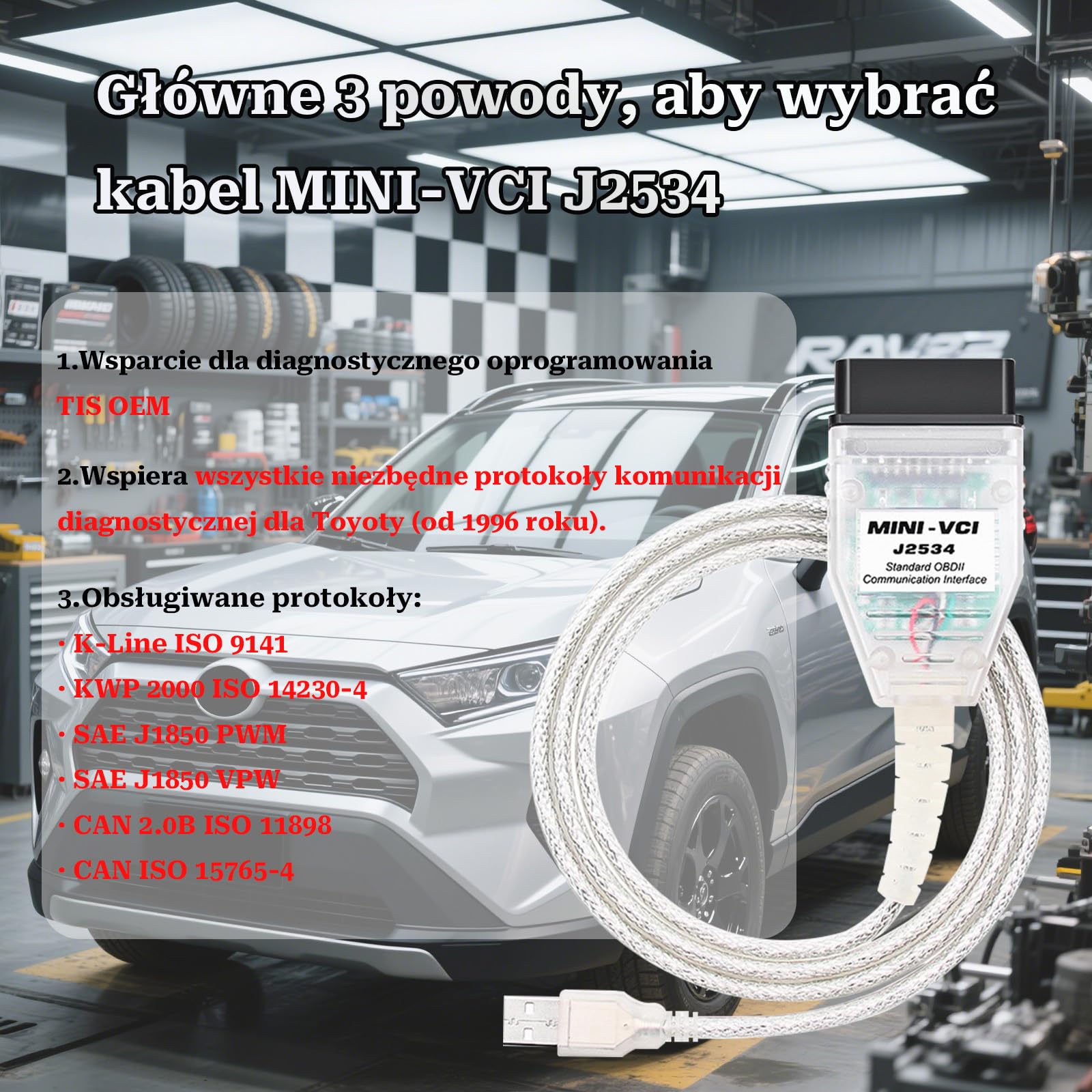Mini VCI J2534 Narzędzie Diagnostyczne OBD2, Skaner dla Toyota Lexus Scion, OBD2 to USB, Kompatybilny z TIS Techstream V18, działa z systemem Windows XP / 7/10