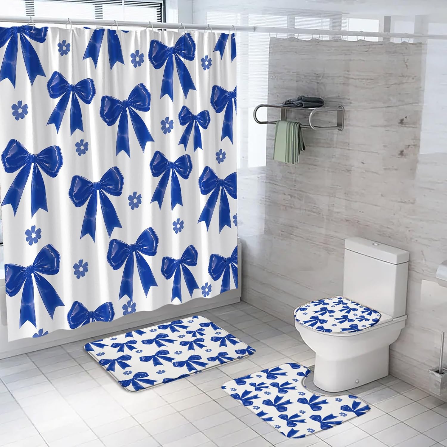 4Pcs Shower Curtain Set Pink and Black Bow Bathroom Set with Rugs Girls Bowknot Retro Cute Floral Modern Girly Aesthetic Bathroom Decor (Bath Mat,U Shape and Toilet Lid Cover Mat) and 12 Hooks