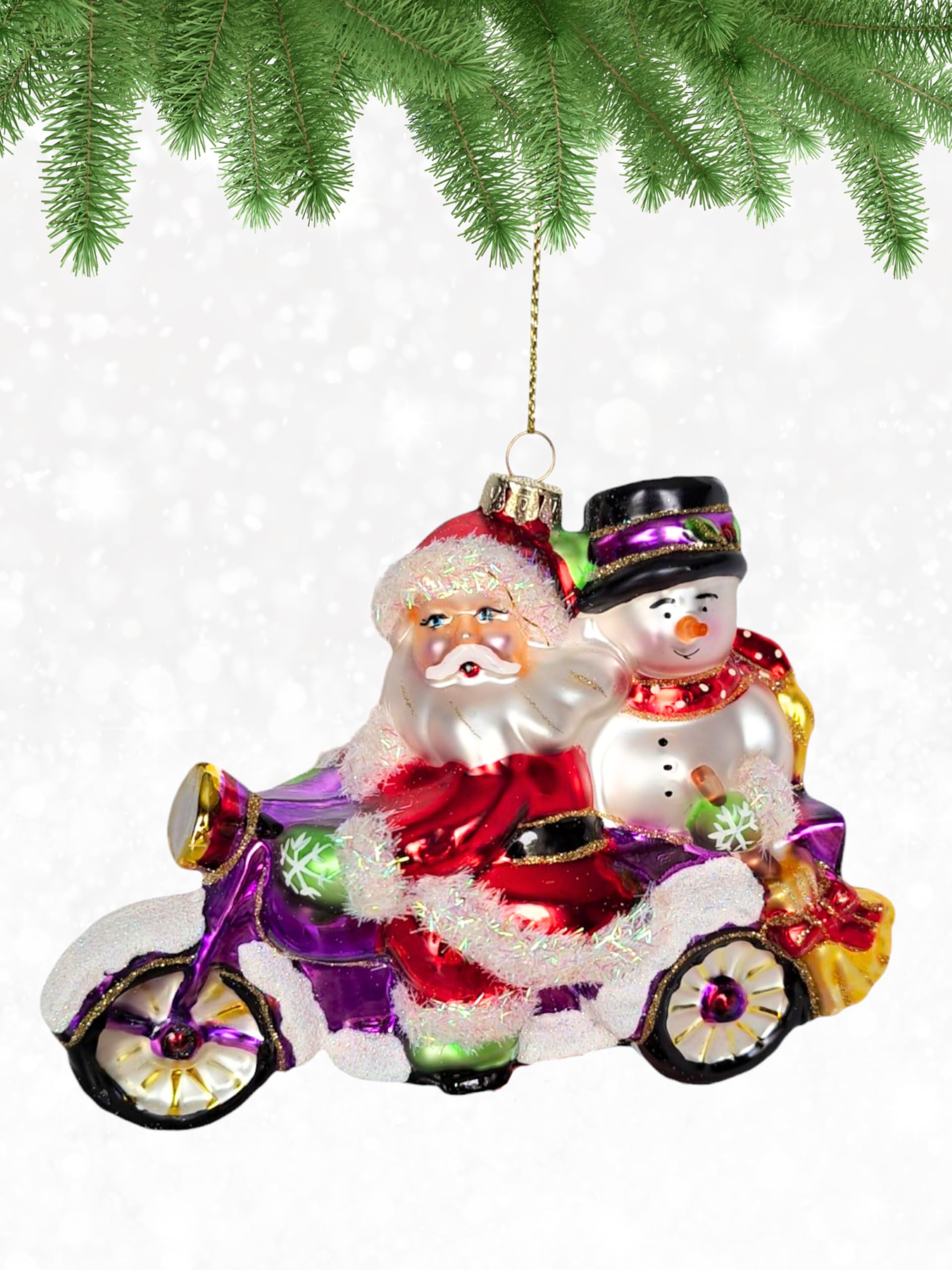 Cobane Santa and Frosty Motorcycle Blown Glass Christmas Ornament - Glass Ornaments for Christmas Tree and Seasonal Decor