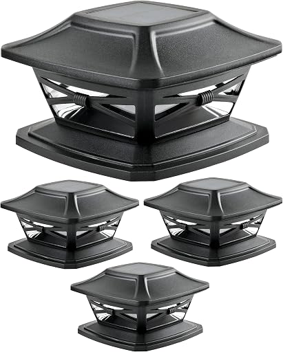 Davinci Flexfit Solar Outdoor Post Cap Lights, 4x4 5x5 6x6, Bright LED, 4PK | Slate Black, Wooden Posts, fence/deck/garden/patio, UV fade-protected plastic, auto-on, 7-8h, cordless, IP44, 25lm warm white