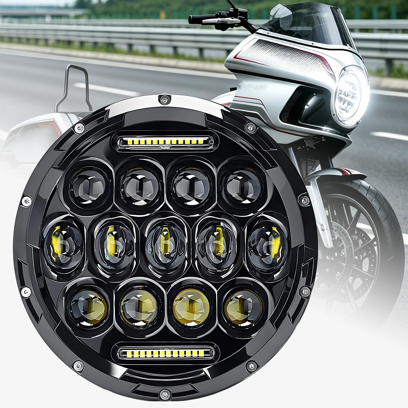 DREAMIZER 7''Faro LED para Motocicleta Aprobado por E con indicador de ojo de ángel DRL blanco ámbar compatible con Harley Road King Street Glide Softail Electra Glide Cafe Racer J-eep Wrangler JK TJ