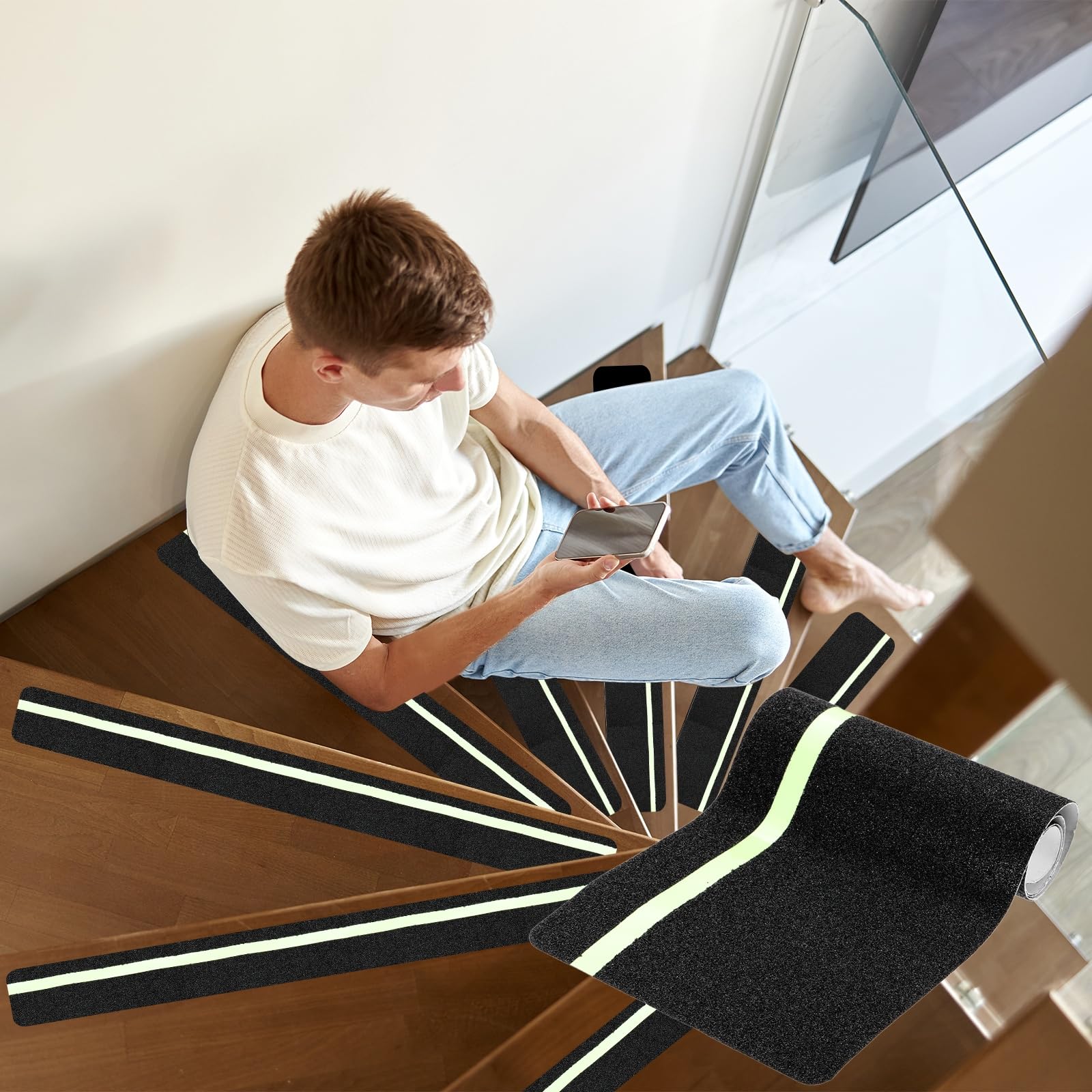 PATIKIL 15x61cm Cinta Antideslizante Para Escalones Negra, Paquete De 25 Tiras Autoadhesivas Antideslizantes Con Franja Verde Fosforescente De 12mm Para Escalones De Madera