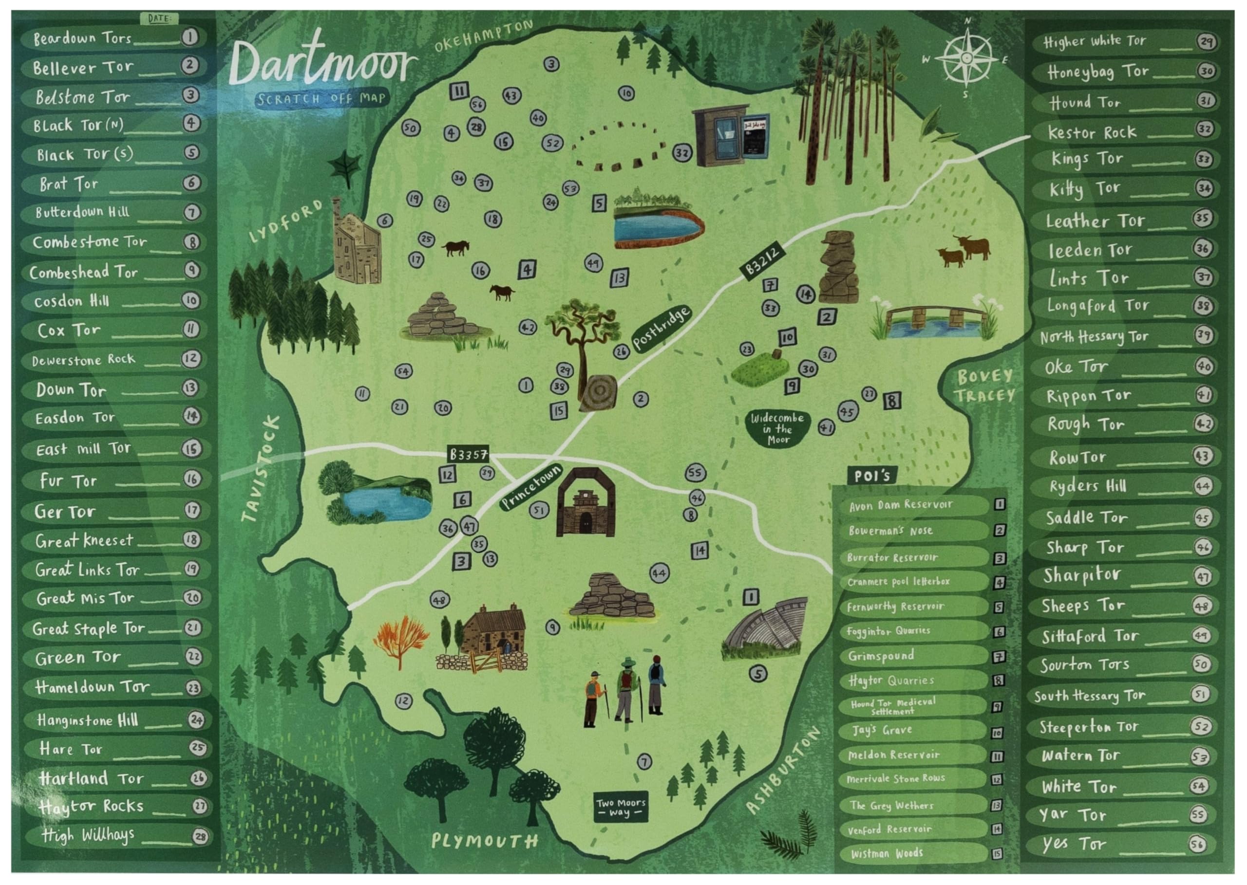 Dartmoor Map Scratch Off Poster – Tors Challenge Adventure Map – 50+ Tors & Landmarks to Explore – Gift for Walkers & Hikers – A2 Wall Art Travel Map