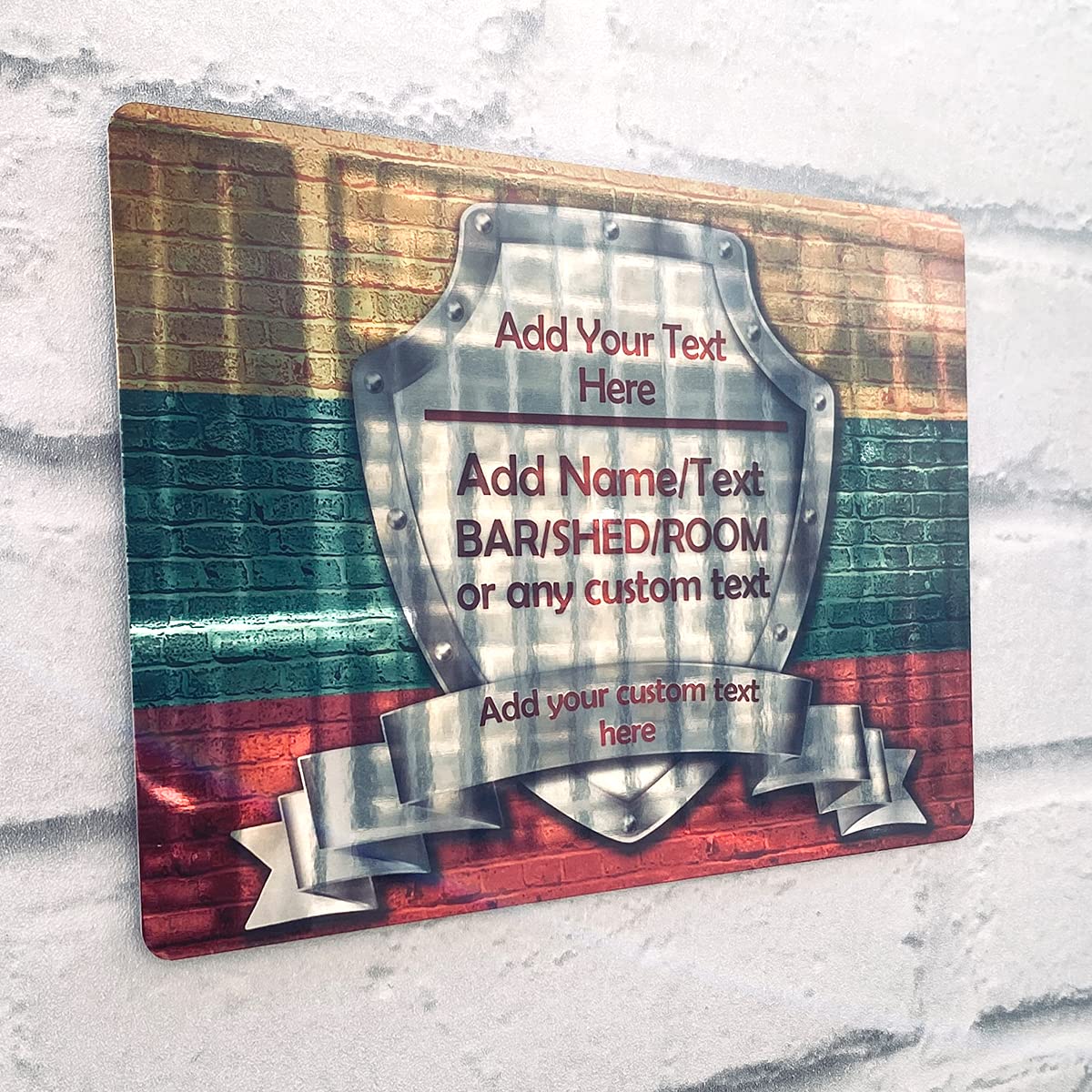 Personalised Mirror Bar Sign - Lithuania Lithuanian Flag Printed Metal Mirror Sign wall art A4 Bar Add Name (28x20cm)