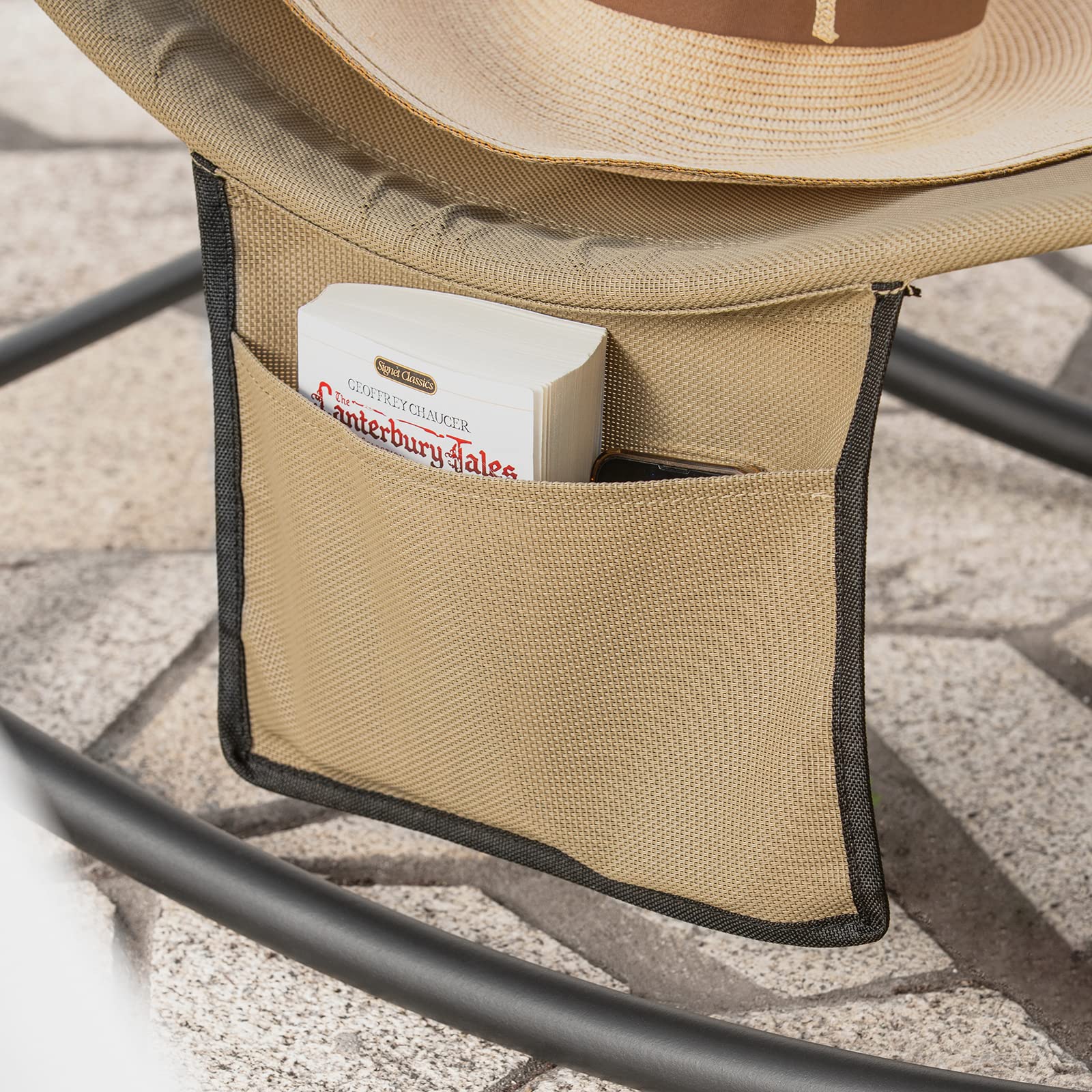 SoBuy Transat Jardin Exterieur Chaise Longue à Bascule Fauteuil Relax Extérieur avec Pochette Latérale Bain de Soleil pour Terrasse Balcon et Plage Kaki 143x57x85 cm OGS47-KA