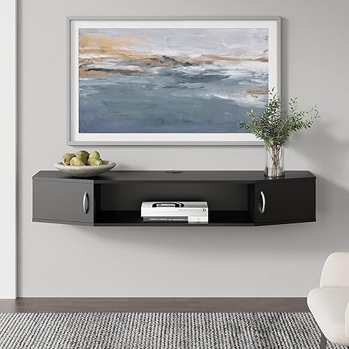 Miniatura 3 de FITUEYES Soporte flotante para TV montado en la pared, centro de entretenimiento, consola multimedia de nogal con puertas de gabinete, componente