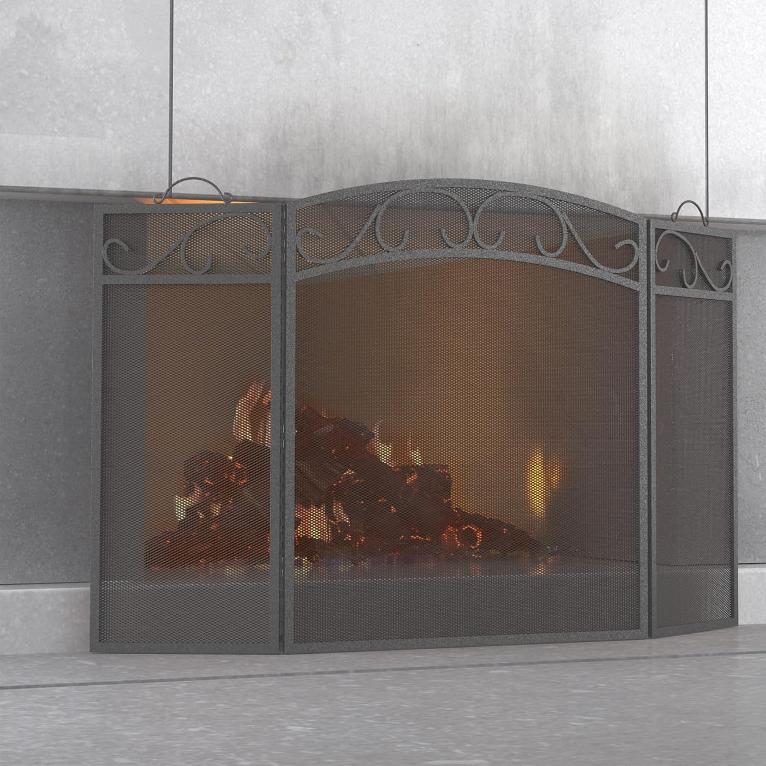 Fire Beauty Fireplace Screen 3 Panel with Handles Wrought Iron 51"(L) x31(H) Spark Guard Cover(Pewter)