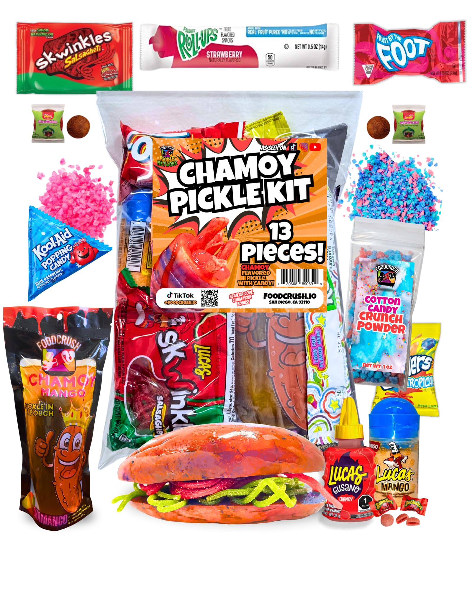 Food Crush Chamoy Pickle Kit (13 Pcs) with Cotton Candy Crunch Powder, Popping Candy, Gifts For Kids, teen girls, boys, Birthday gift set