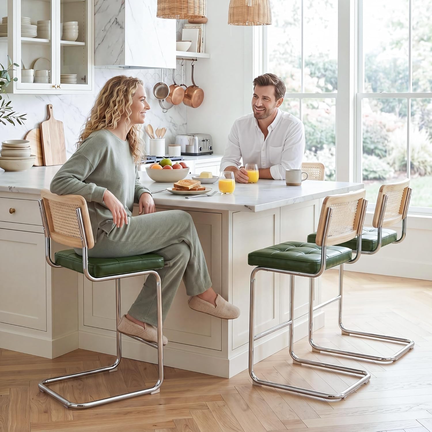 Zesthouse Natural Rattan Bar Stools Set of 2, Modern Counter Height Stools with Solid Wood Back, 26'' Counter Height Chairs, Mid Century Cantilevered Bar Chairs for Kitchen Island, Faux Leather Green