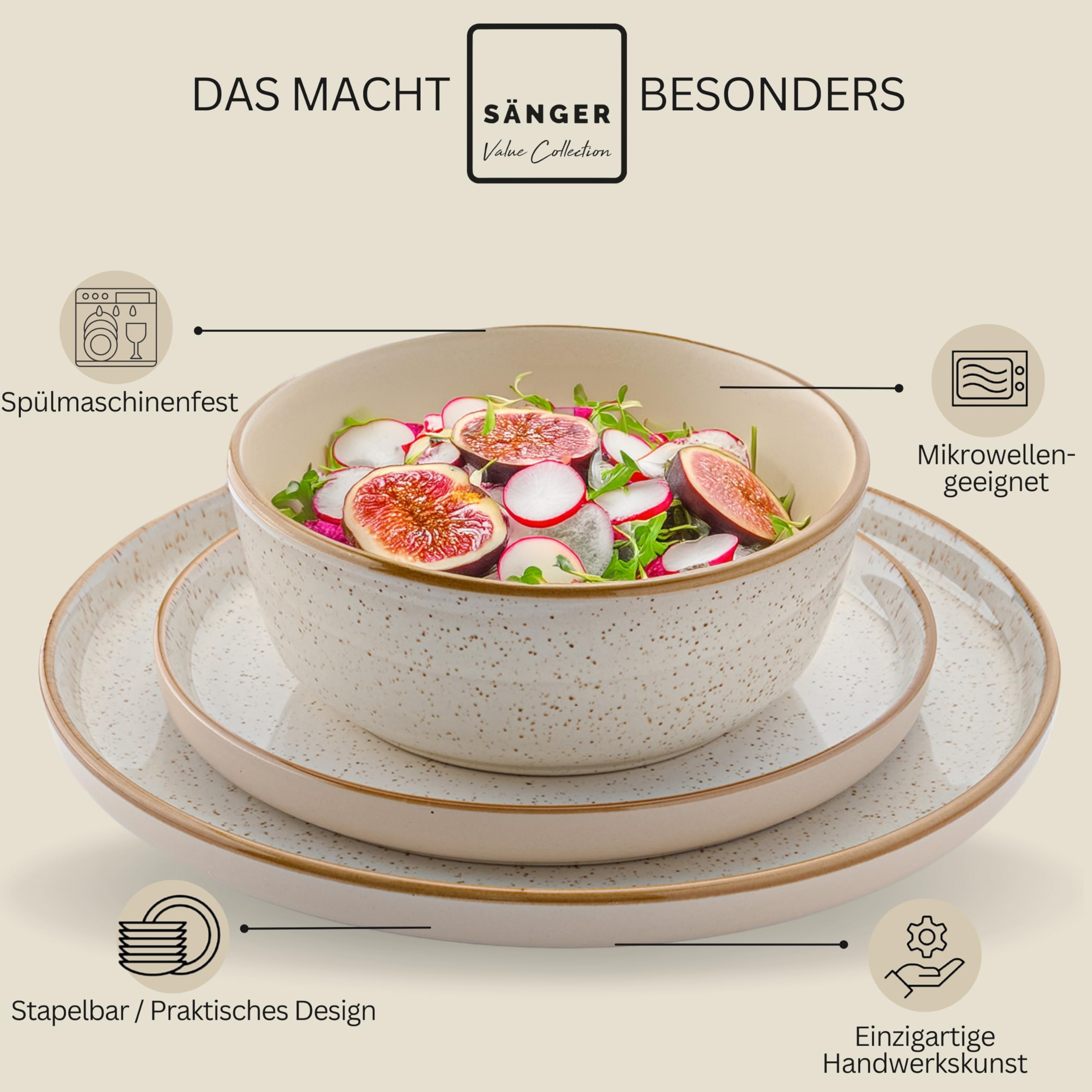 SÄNGER Rio Creme | Kombiservice 6 Personen, Teller Set Kaffeebecher Pastaschale 30 tlg, Steingut Geschirr Set spülmaschinen- mikrowellen- kratzfest, Geschirrset aus Steingut, creme | VALUE COLLECTION