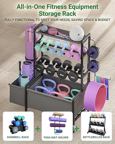 Miniatura 6 de Dumbbell Rack, Adjustable 4-Tier Weight Rack Movable, Home Gym Organizer Up to 405 lb with Lockable Casters & Hooks, Workout Equipment Storage for