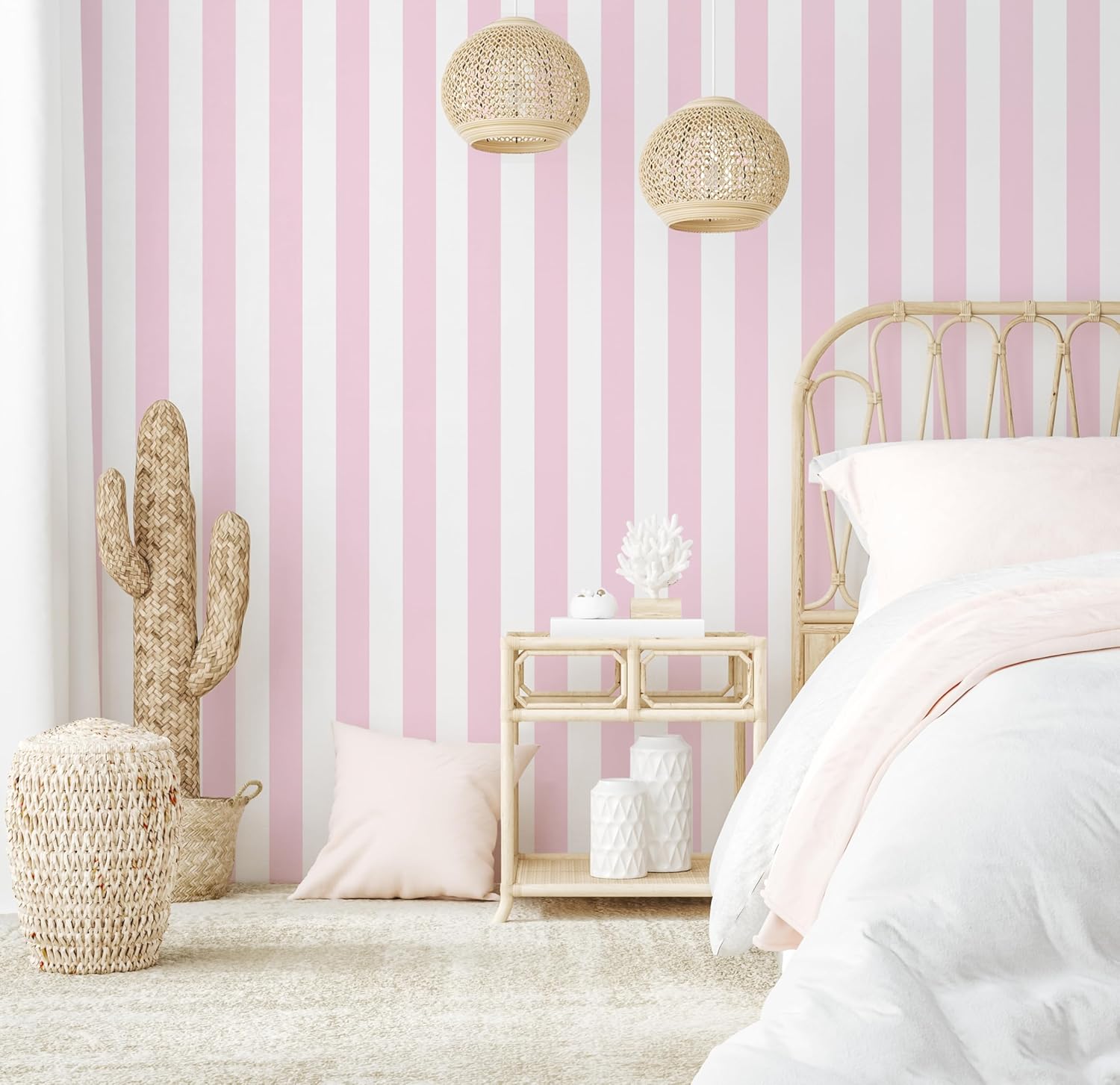Cohoo Home Pink Striped Peel and Stick Wallpaper Pink and White Stripe Contact Paper for Cabinets Modern Stripes Self-Adhesive Removable Wall Paper Cute Girls Bedroom Nursery Decor Vinyl 17.7”×393”