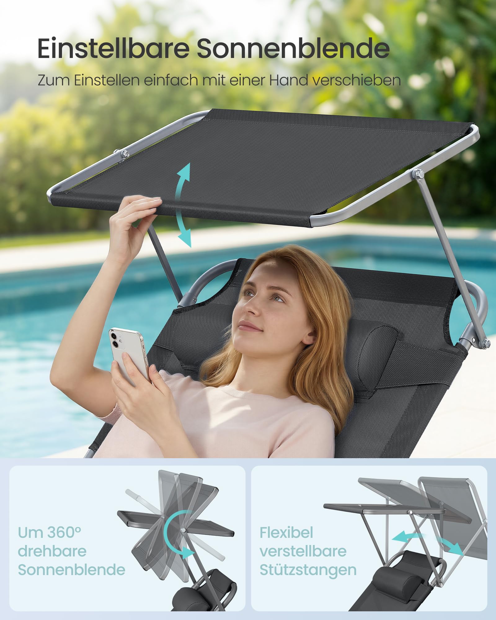 SONGMICS Große Sonnenliege, klappbarer Liegestuhl, 71 x 200 x 38 cm, Belastbarkeit 150 kg, mit Sonnenschutz, Kopfstütze und Verstellbarer Rückenlehne, für Garten Pool Terrasse, anthrazit GCB22GYV2