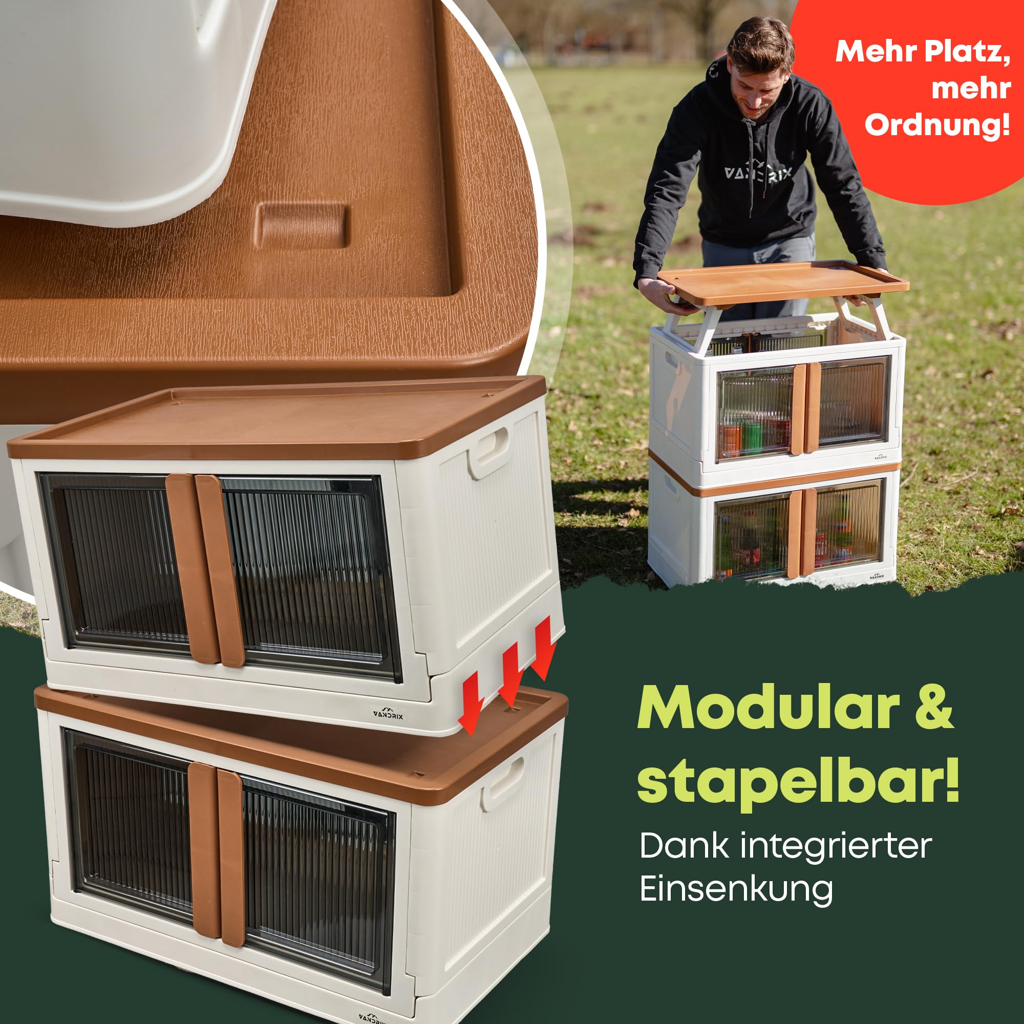 VANDRIX Campingschrank faltbar mit Tischfunktion – Ultraleicht (3,9 kg), in 1 Min. aufgebaut, wetterfest, 20 kg Traglast, stabil auf Sand/Kies, ideal für Vanlife, Zelt & Outdoor Reisen