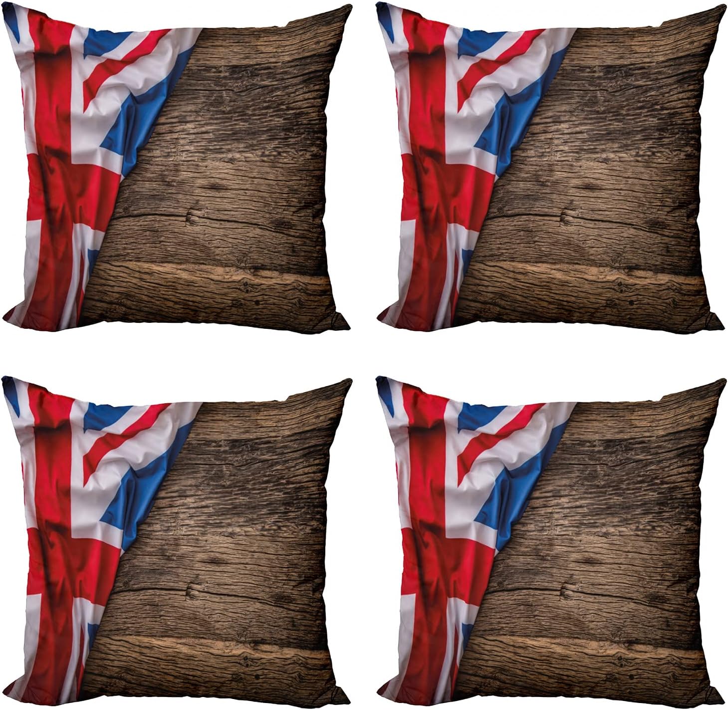 Ambesonne Union Jack Throw Pillow Cushion Case Pack of 4, Flag of United Kingdom on Old Oak Wooden Board English Nation Country Britain, Modern Accent Double-Sided Digital Printing, 16", Multicolor