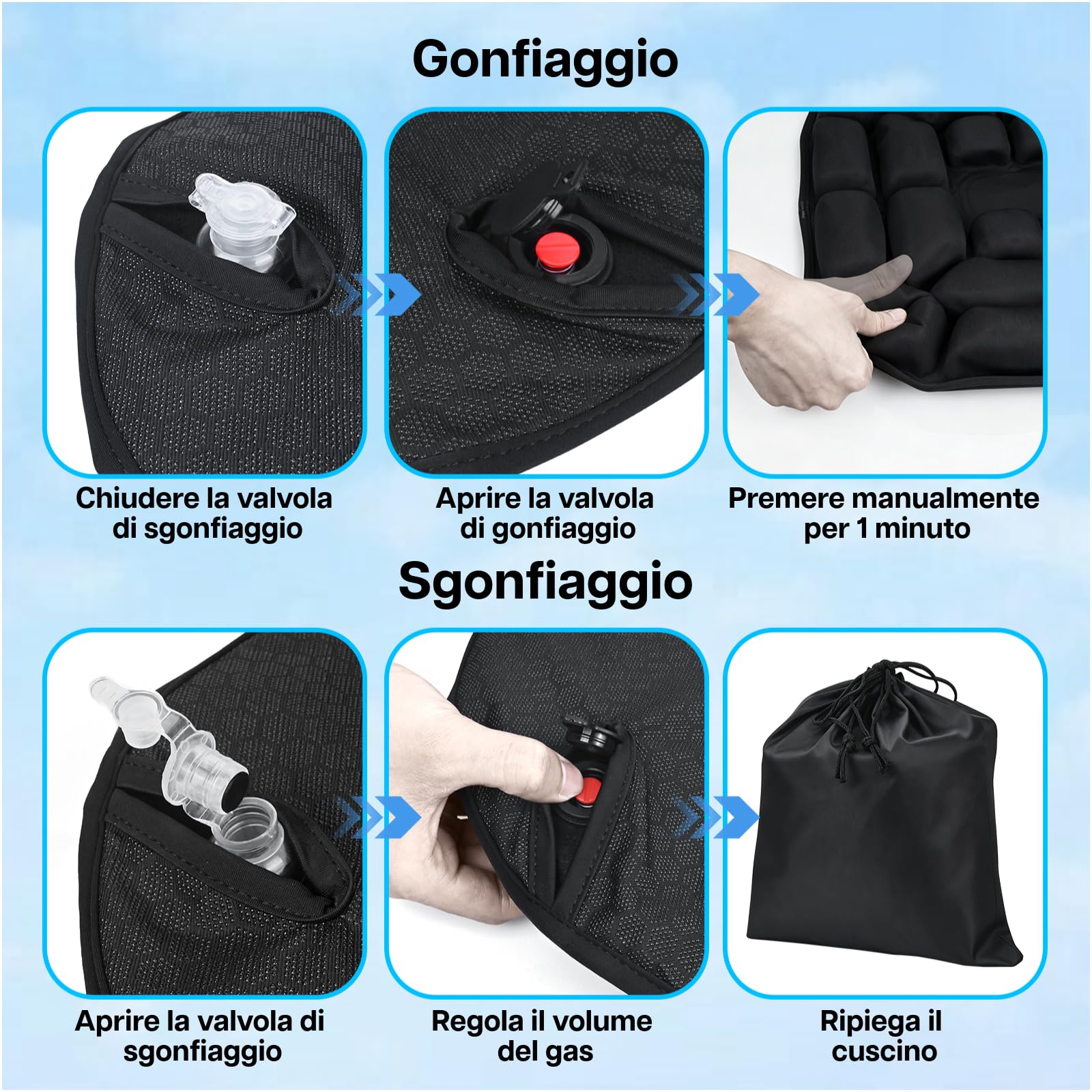 MMOBIEL Cuscino da Viaggio Gonfiabile Cuscino Portatile Sedia con Bolle d'Aria, Borsa Portaoggetti & Base Antiscivolo – Sollievo dalla Pressione Coccige & Emorroidi – Ufficio, Campeggio & Stadio