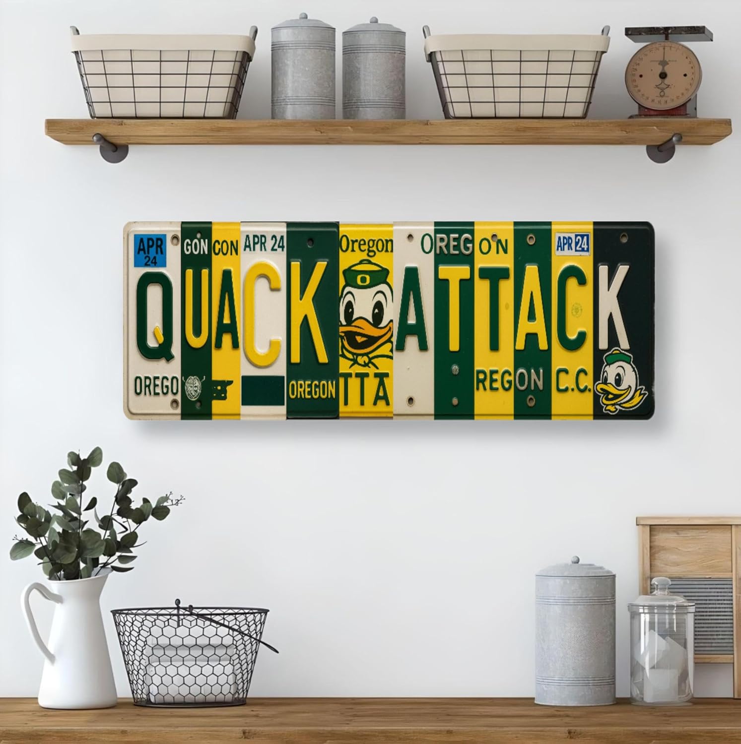 Oregon Ducks Quack Attack License Plate Sign - Metal Wall Art 16x6 Inch Aluminum - Green Yellow - Big Ten Fan Cave Dorm Room Decor - UV-Resistant Ready to Hang College Wall Sign