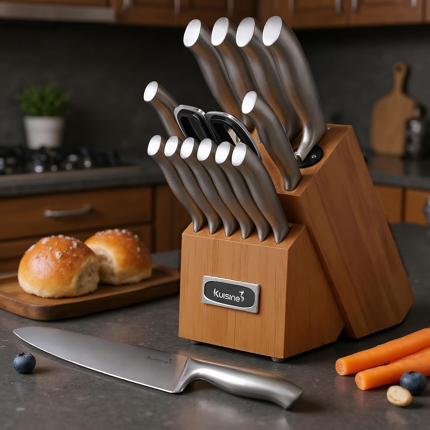 KUISINE Chef Knife Set Upgraded One Piece Molding Ultra Sharp Blade Ergonomic Handle,Kitchen Knife Block Set with Built-in Sharpener(Silver Acacia,15PCS) - Image 7