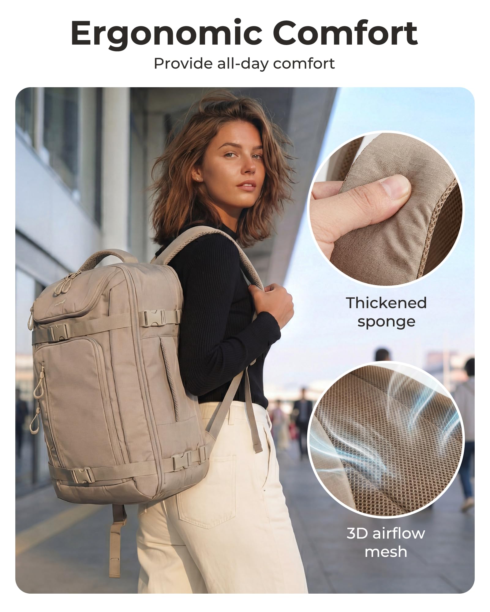 BAGSMART 40L Travel Backpack for Women & Men Fits 17-Inch Laptop, Airline Approved Carry On Backpack with Wet Pocket & Shoe Pouch, Water-Resistant Personal Item Travel Bag, Camel — view 8