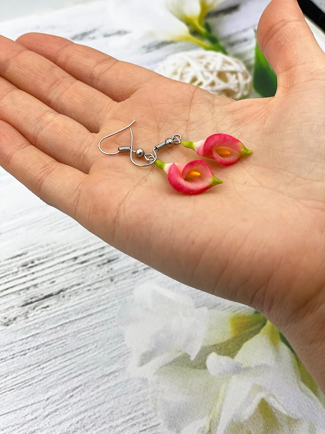 Pink calla lily earrings drop romantic flower earrings - Image 9