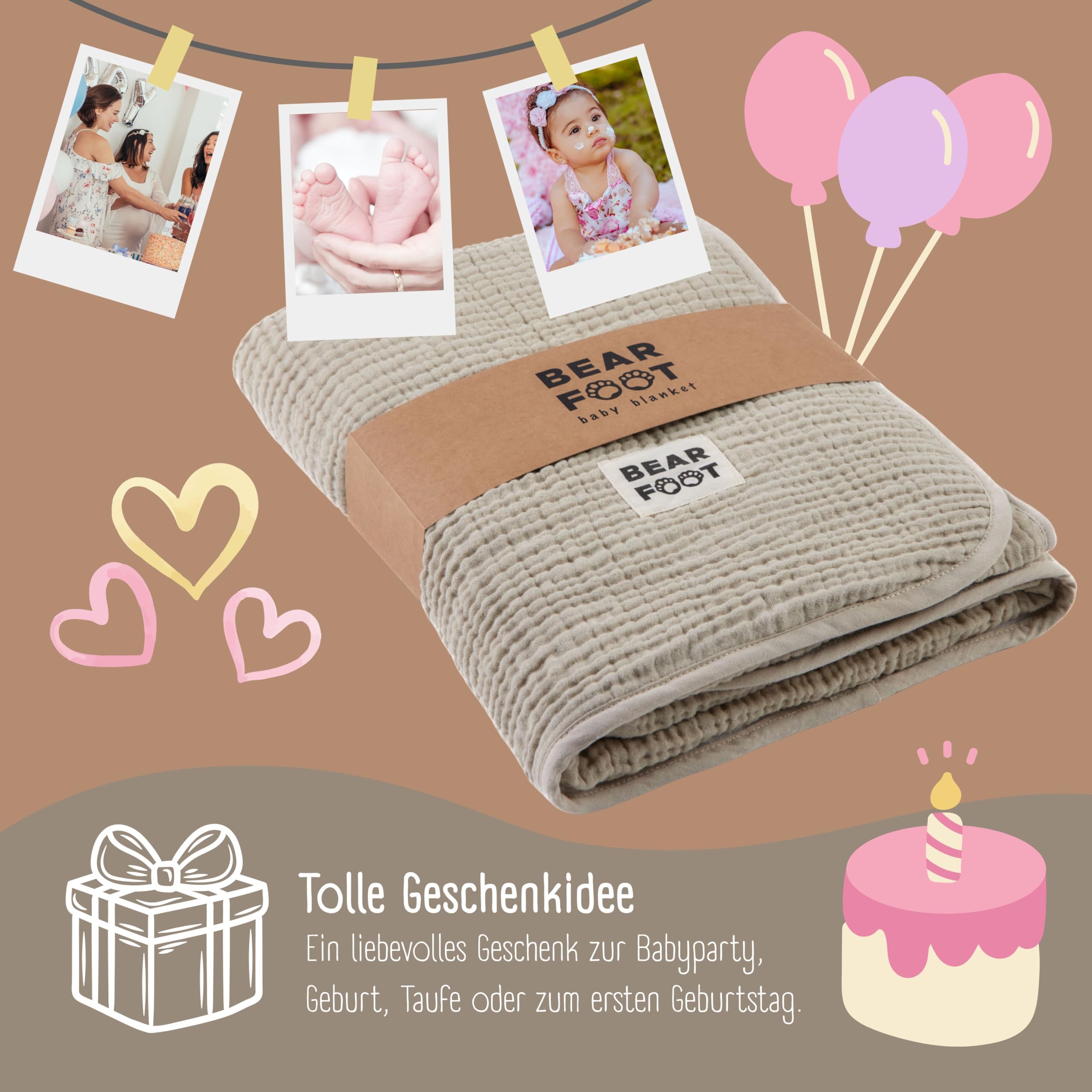 BEARFOOT Musselin Babydecke, Fleecedecke aus Baumwolle, flauschig (Summer Sand) | Flauschig weiche Kuscheldecke für Baby & Neugeborene, Geschenk für Junge & Mädchen zur Geburt