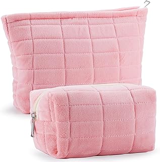 2Pcs Makeup Bag Cute Trendy Large Capacity Cosmetic Bag Plush Pink Checkered Makeup Pouch for Purse Coquette Travel Zippered Toiletry Bag Organizer Fluffy Makeup Brushes Puffy Storage Bag for Women