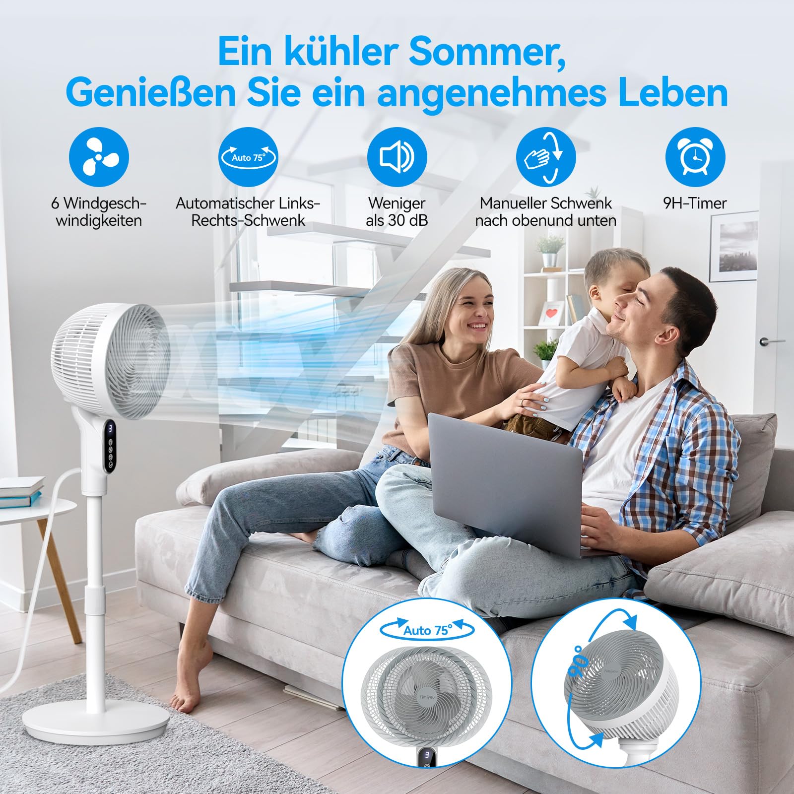 Smart Standventilator 100cm, Ventilator Leise 22dB, Turbo-Luftzirkulator mit 6 Modi, Windabstand 10 M, Oszillierend 90°, Fernbedienung Tastbildschirm, 9h Timer