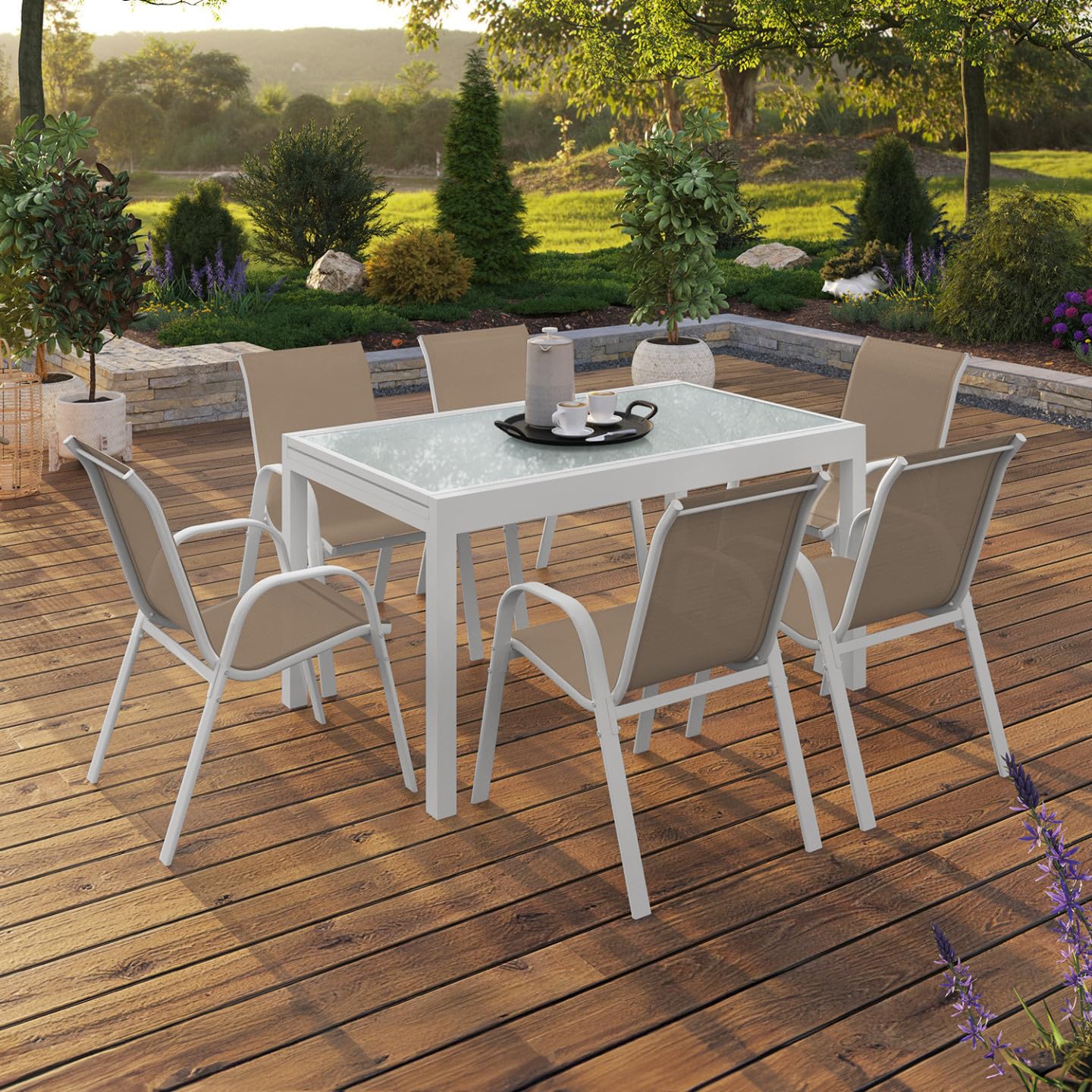 IDMarket - Salón de Jardín Madrid Mesa Extensible 135-270 CM y 12 Sillas Apilables Blanco y Beige