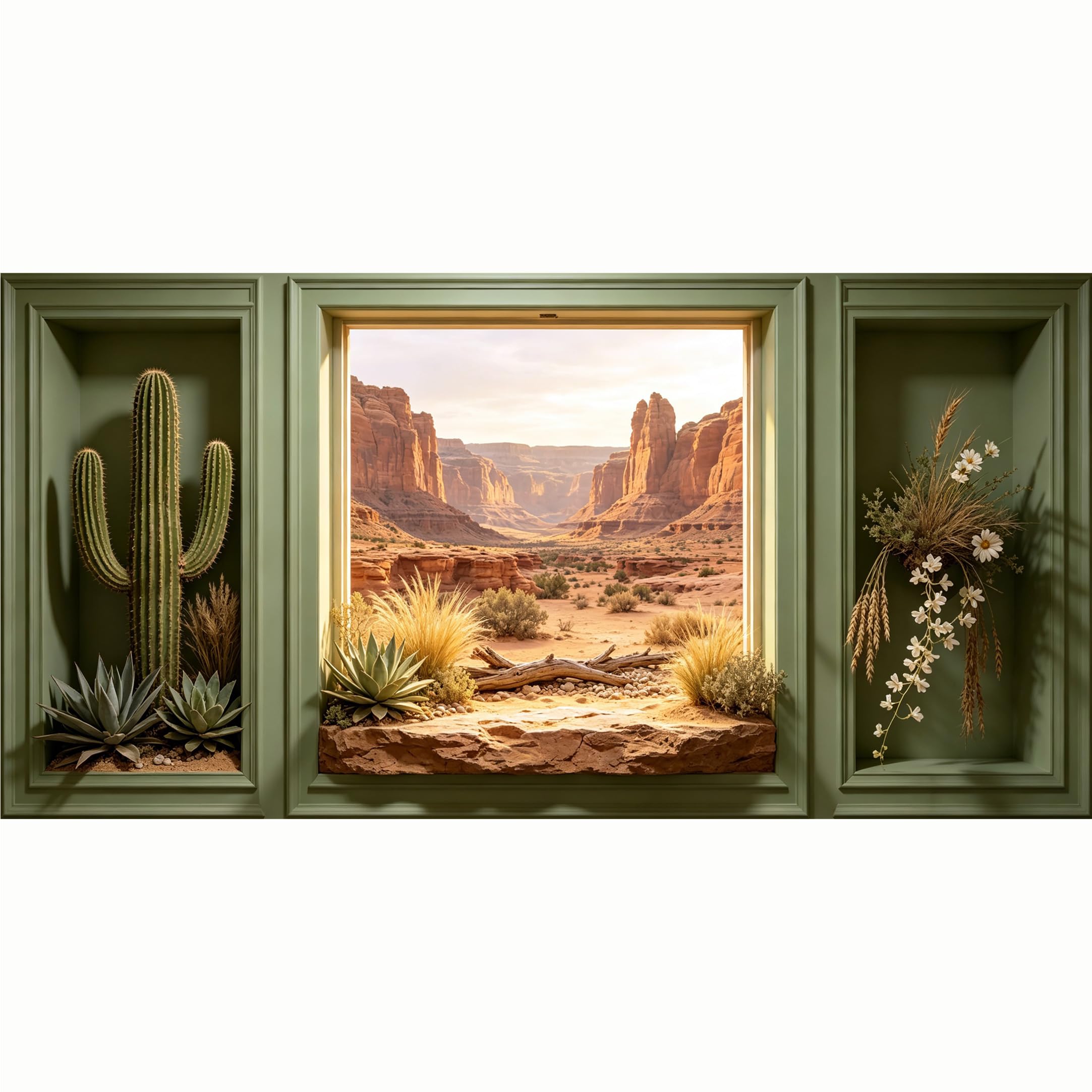 QZLITHOTIC 50x100cm 3D Framed Wall Art， Desert Canyon Landscape Botanical Cactus Self‑Adhesive Mural， Water‑Activated Peel & Stick Fabric Decor Wall Decal for Bedroom Living Room