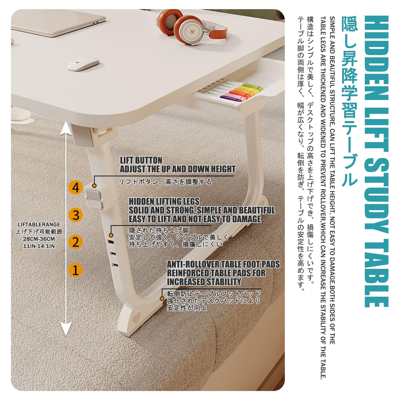 Tavolino basso da letto, scrivania per laptop, supporto per laptop da grembo, pieghevole per laptop, portabicchieri, scrivania pieghevole da grembo, mini tavolo portatile con cassetti e ripiano di le