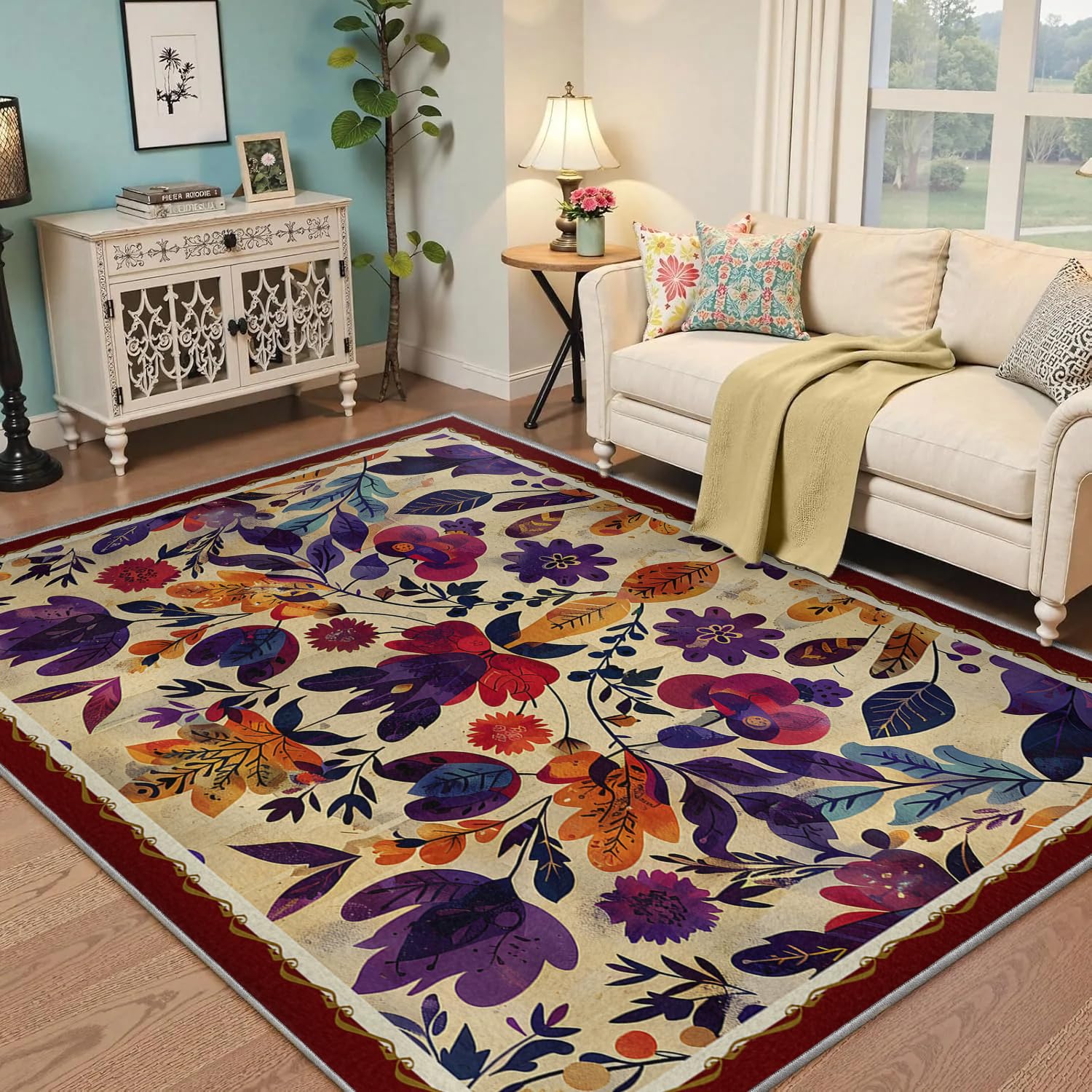Tapis botanique violet 160x230cm fin et pliable pour salon