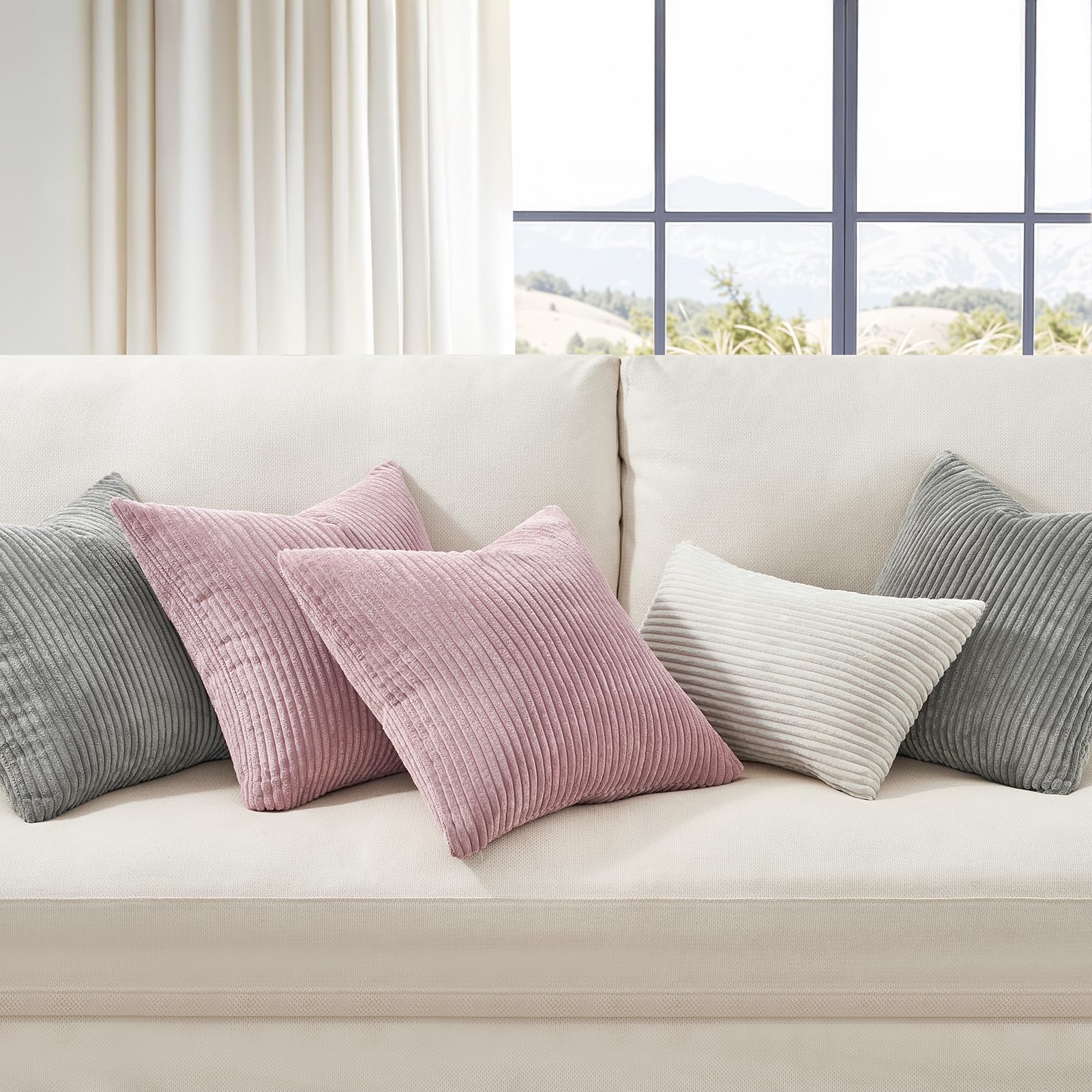 Topfinel Set van 2 kussenslopen, 45 x 45 cm, roze, corduroy, gestreept patroon, kussenslopen, sierkussen, bankkussens, sierkussensloop, decoratief kussen, kantoor, slaapkamer