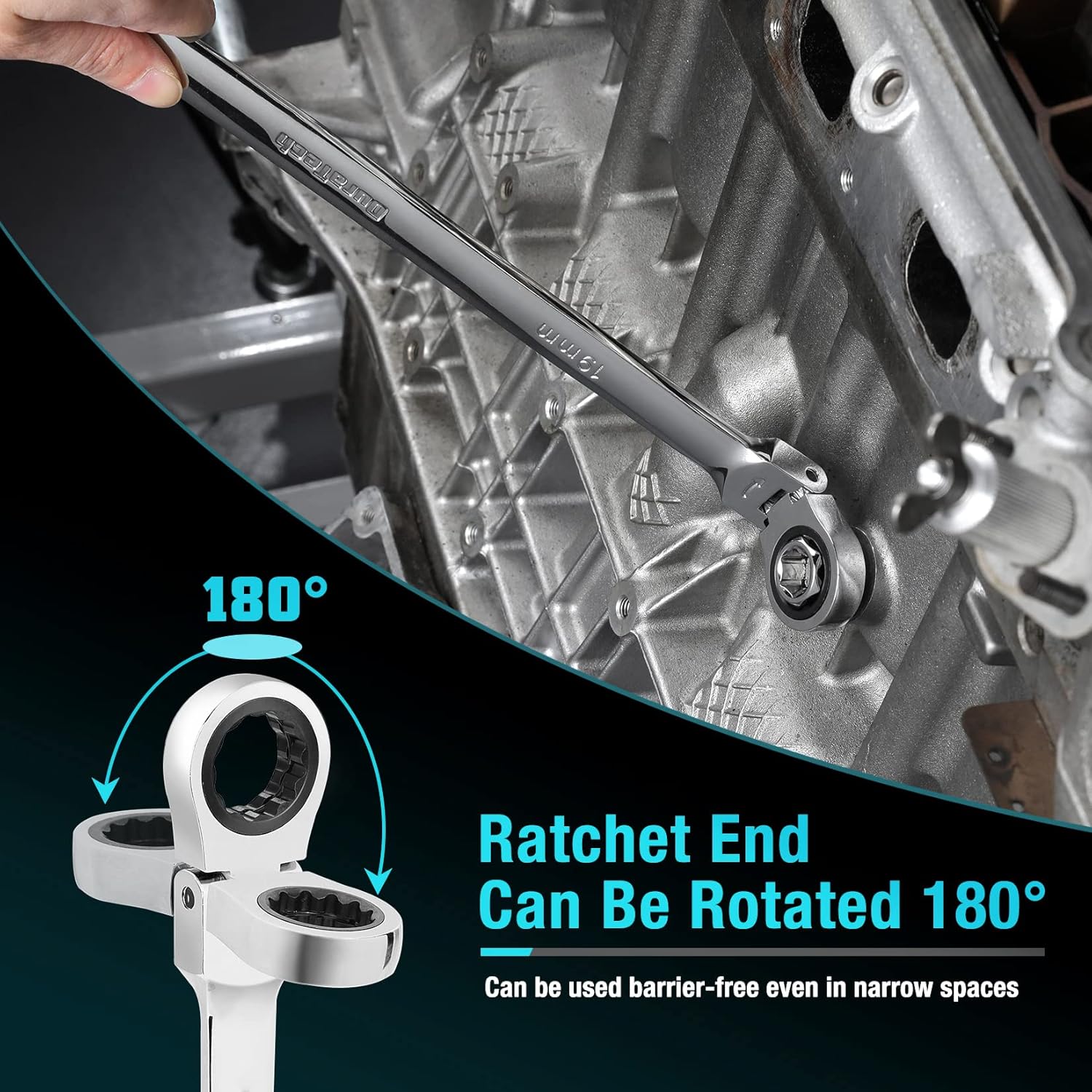 DURATECH 27PCS Extra Long Flex Head Ratcheting Wrench Set, 8-22mm, Double Box End Ratchet Wrench Set with E-type 8-22mm Replacement Heads, 10x19mm, 1/4", 3/8", 1/2" Socket Adapters