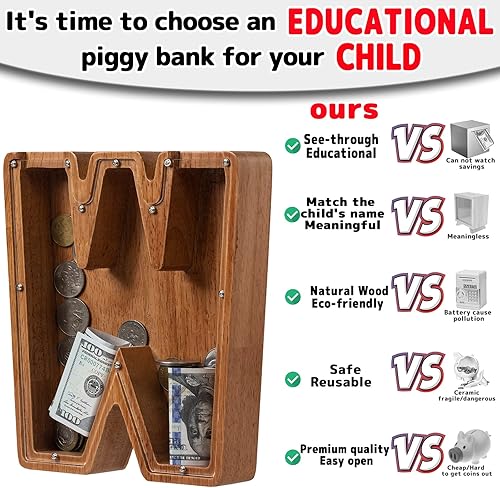 Vista 20 de Alcancía para niños y niñas, alcancía de madera con letra grande del alfabeto con inicial C, banco de monedas, regalos divertidos para cumpleaños