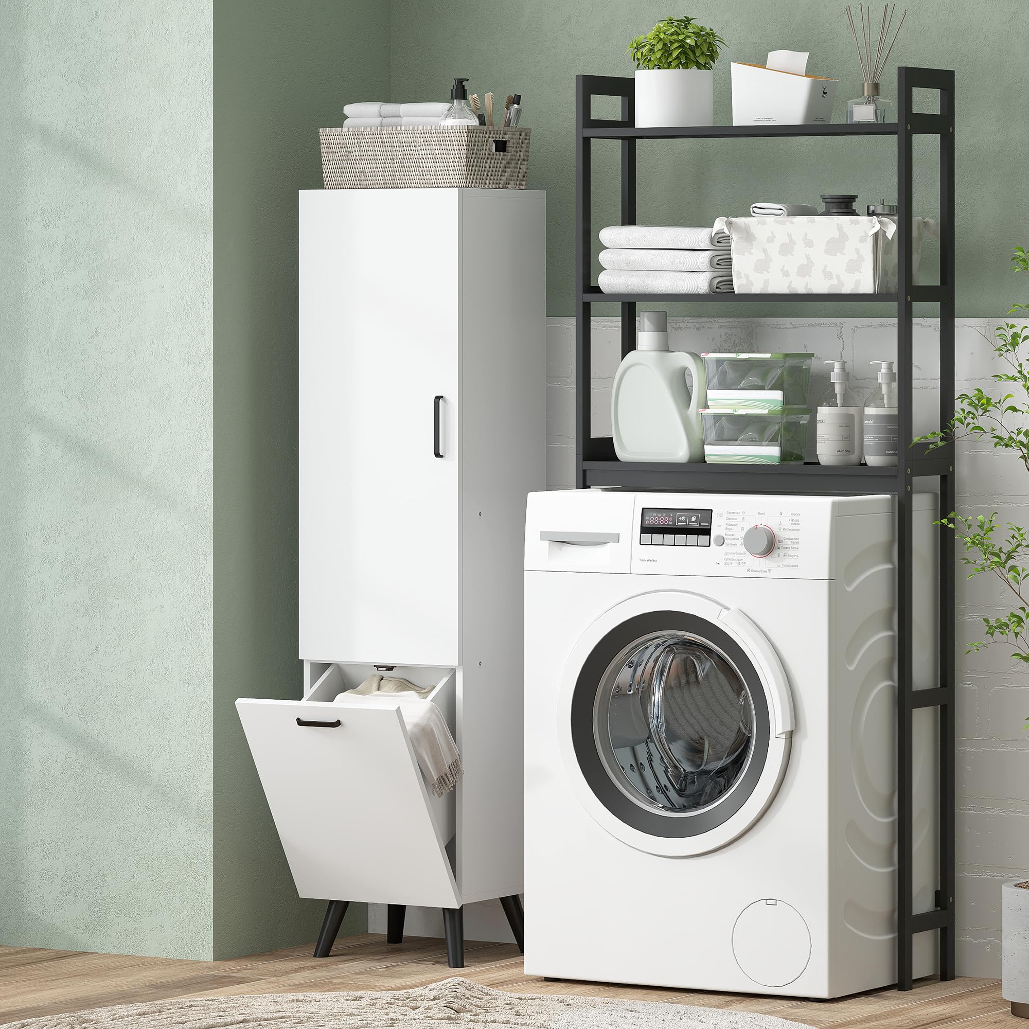 HOMCOM Armario de Baño Alto con Puerta y Estantes 35x31,5x144 cm Blanco | Columna de Baño Estrecha, Cesto para Ropa Sucia, Mueble Auxiliar para Cocina Salón