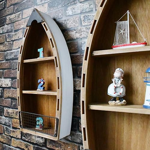 Miniatura 6 de Juego de 2 estantes de madera para barco, decoración de pie, canoa náutica para colgar en la pared para playa, baño, sala de estar, bebé, cuarto de