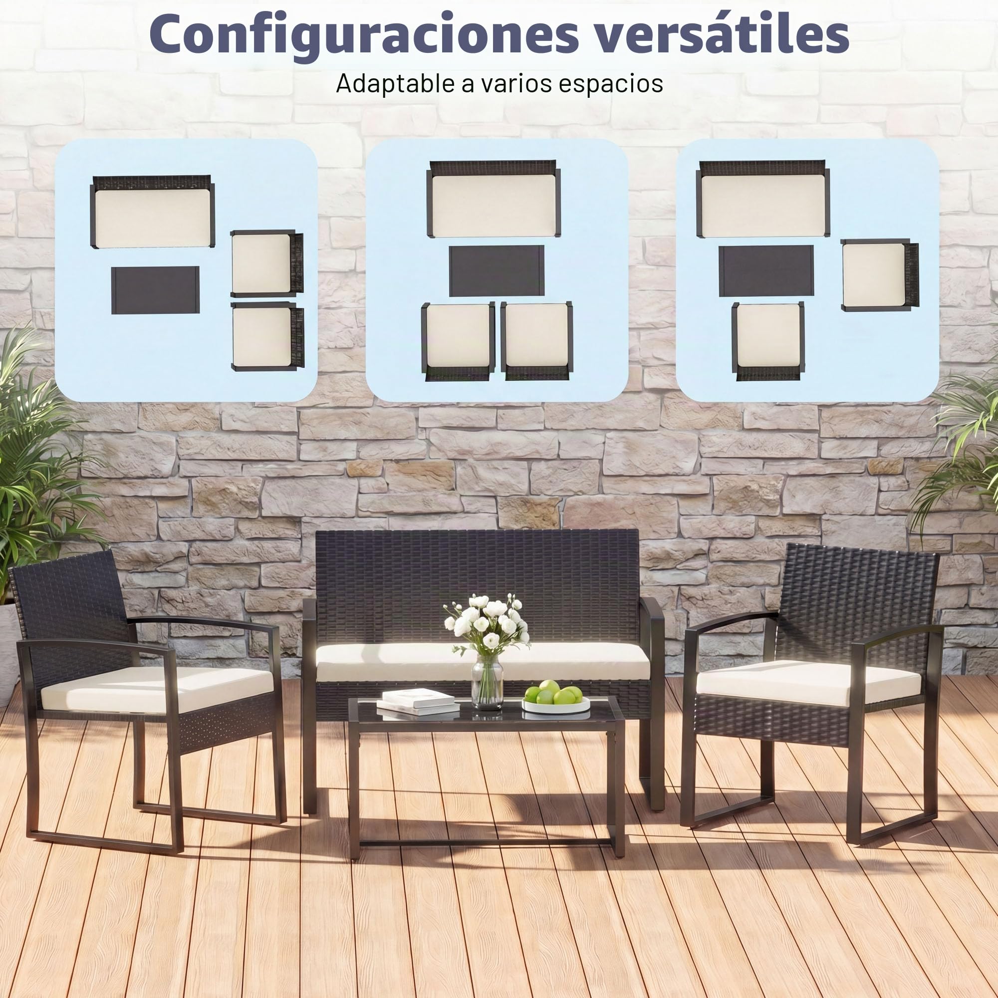 SOARS Conjunto Jardín Exterior de Ratán PE y Metal, Muebles de Jardín de 4 Piezas con Respaldo Inclinado y Cojines de Asiento, Muebles de Exterior con Mesa de Centro para Patio, Jardín (Beige)