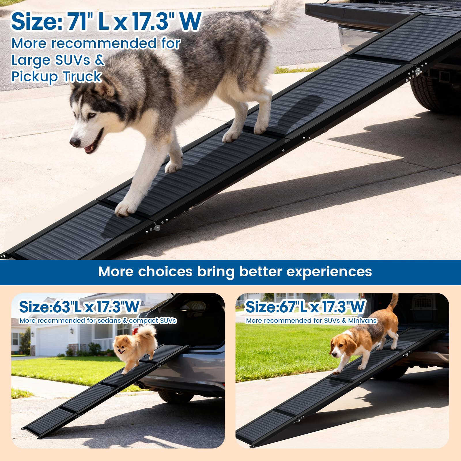 HBTower 71" Long & 17.3" Wide Folding Dog Ramp for Car, SUV & Truck – Portable Pet Ramp with Non-Slip Surface, Extra Wide Steps for Large Dogs Up to 250LBS - image 4