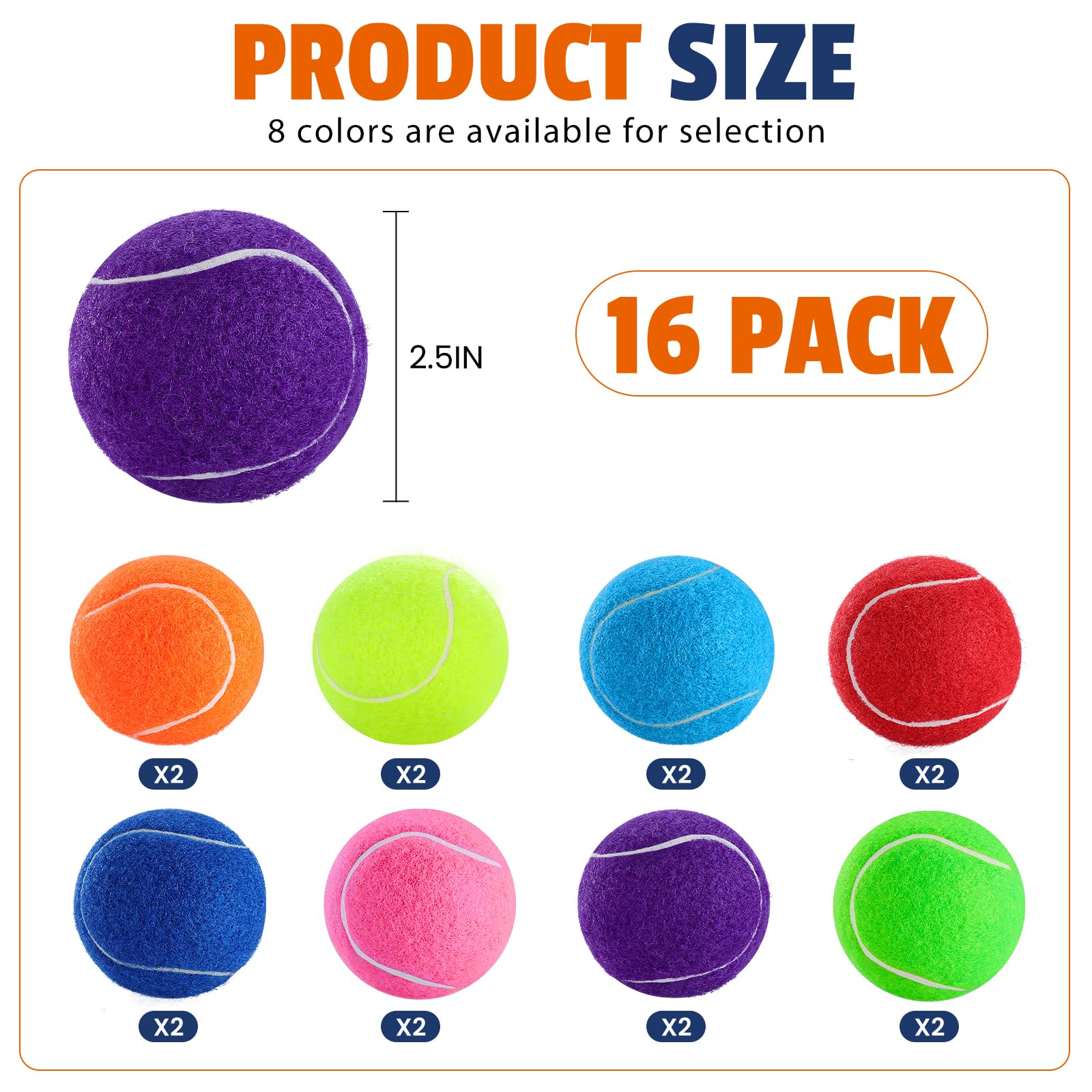 FURWEY Tennisbälle für Hunde, 16 Stück, 6,3 cm, langlebig und ungiftig, mit Netztasche, buntes Apportierspielzeug, Bälle für Haustiere, Hunde (Nicht quietschend)